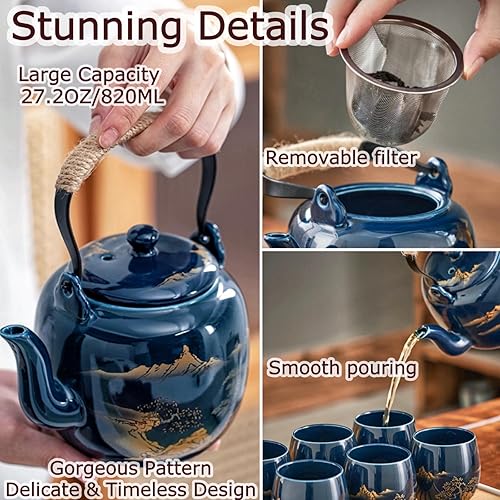 Miniatura 3 de Juego de té japonés tradicional, chinoasiático para 6 adultos, bonito juego de té con bandeja e infusor, tetera de porcelana y tazas de té, tetera