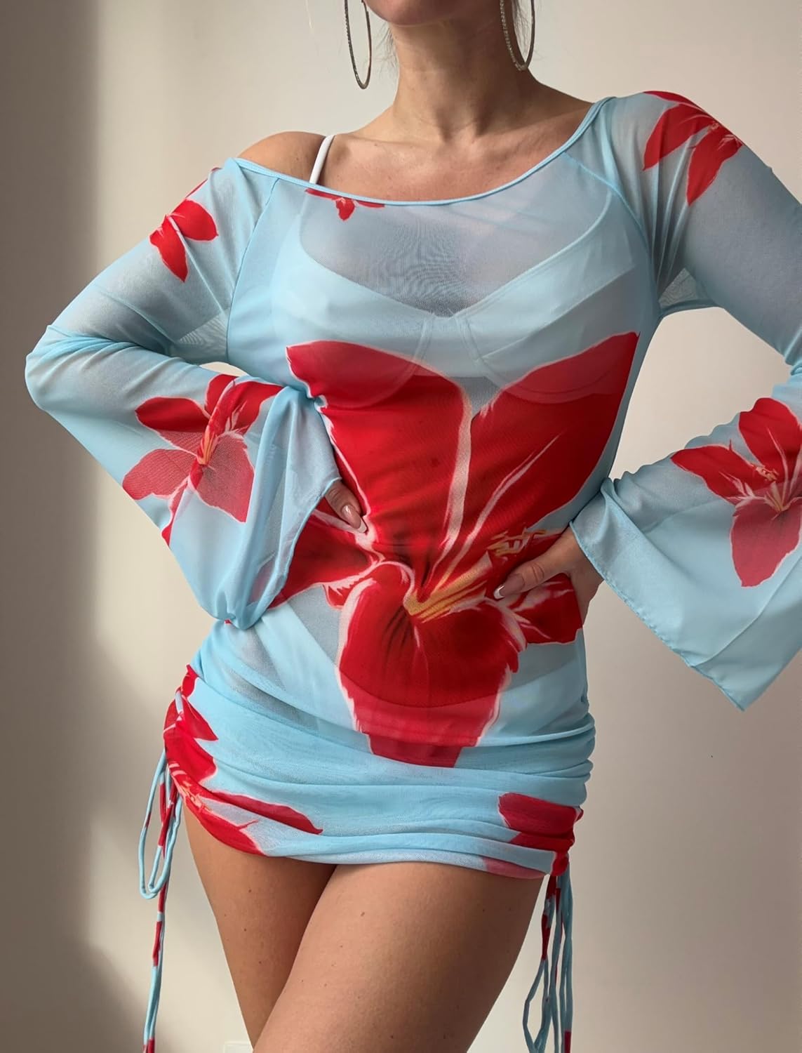 ZAFUL Womens Swimsuit Cover Up Dress Off Shoulder Hollow Coverup Bathing Suit Mesh Swim Beach Dress - Image 5