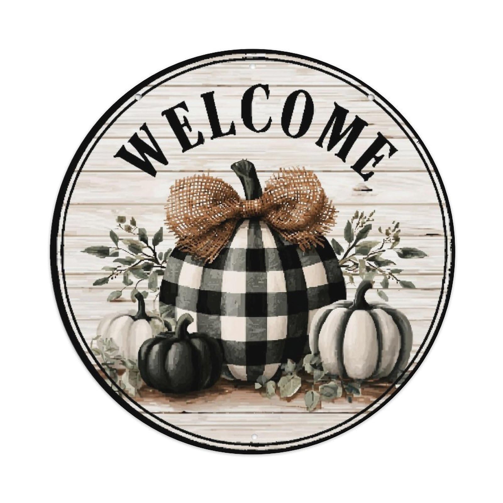 Jdyaojiesheng Vintage Welcome Pumpkin Checkered Bow Leaves Round Tin Sign Retro Metal Wall Decor Metal Poster, Home Bar Garage Farmhouse Cafe Wall Art Decoration 8X8inch