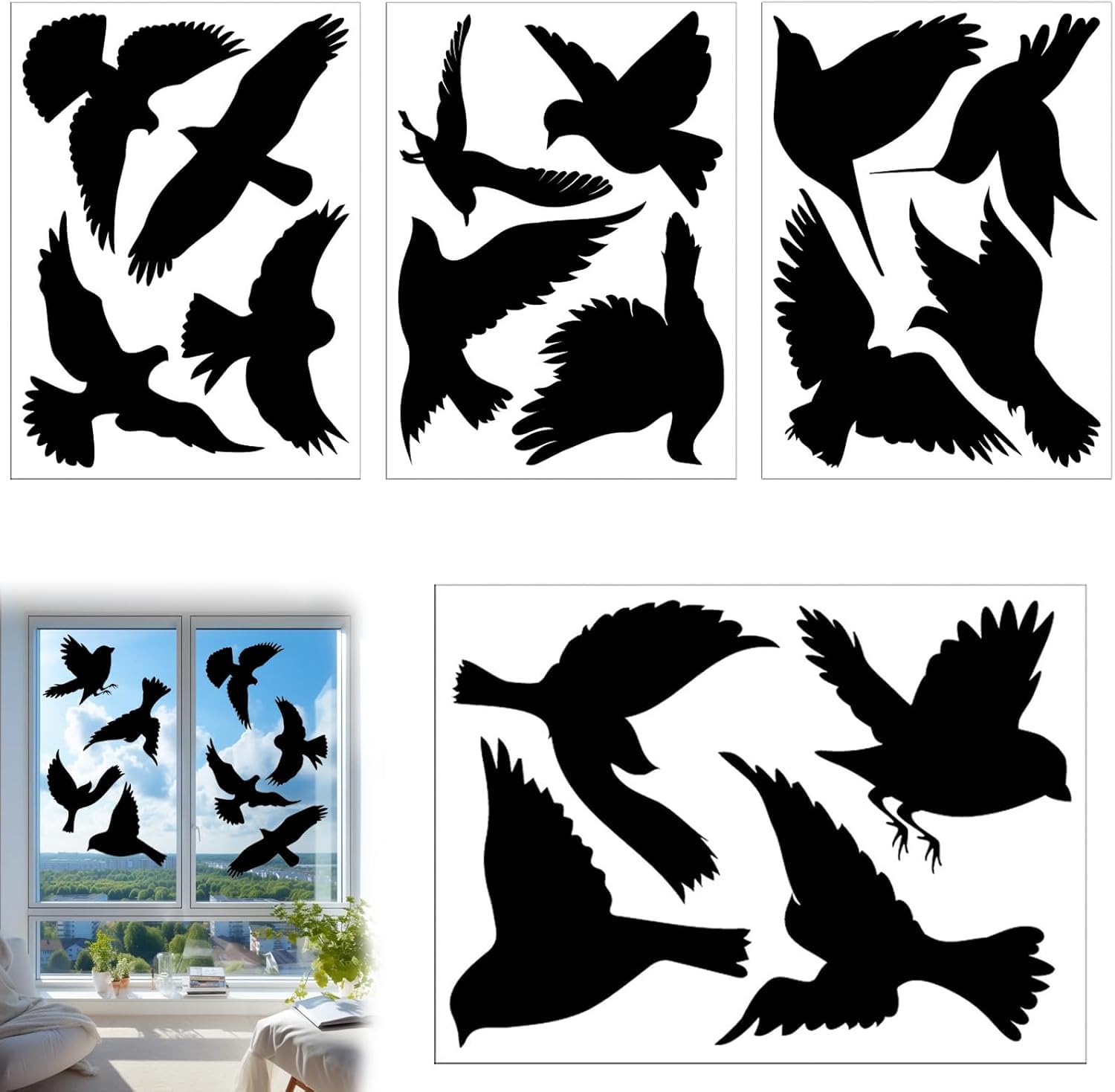 KIPTVO 16PCS Large Size Anti-Collision Window Clings, PVC Self Adhesive Bird Shape Clings, Decals Glass Door Protect and Save Bird Strikes, for Preventing People and Strikes
