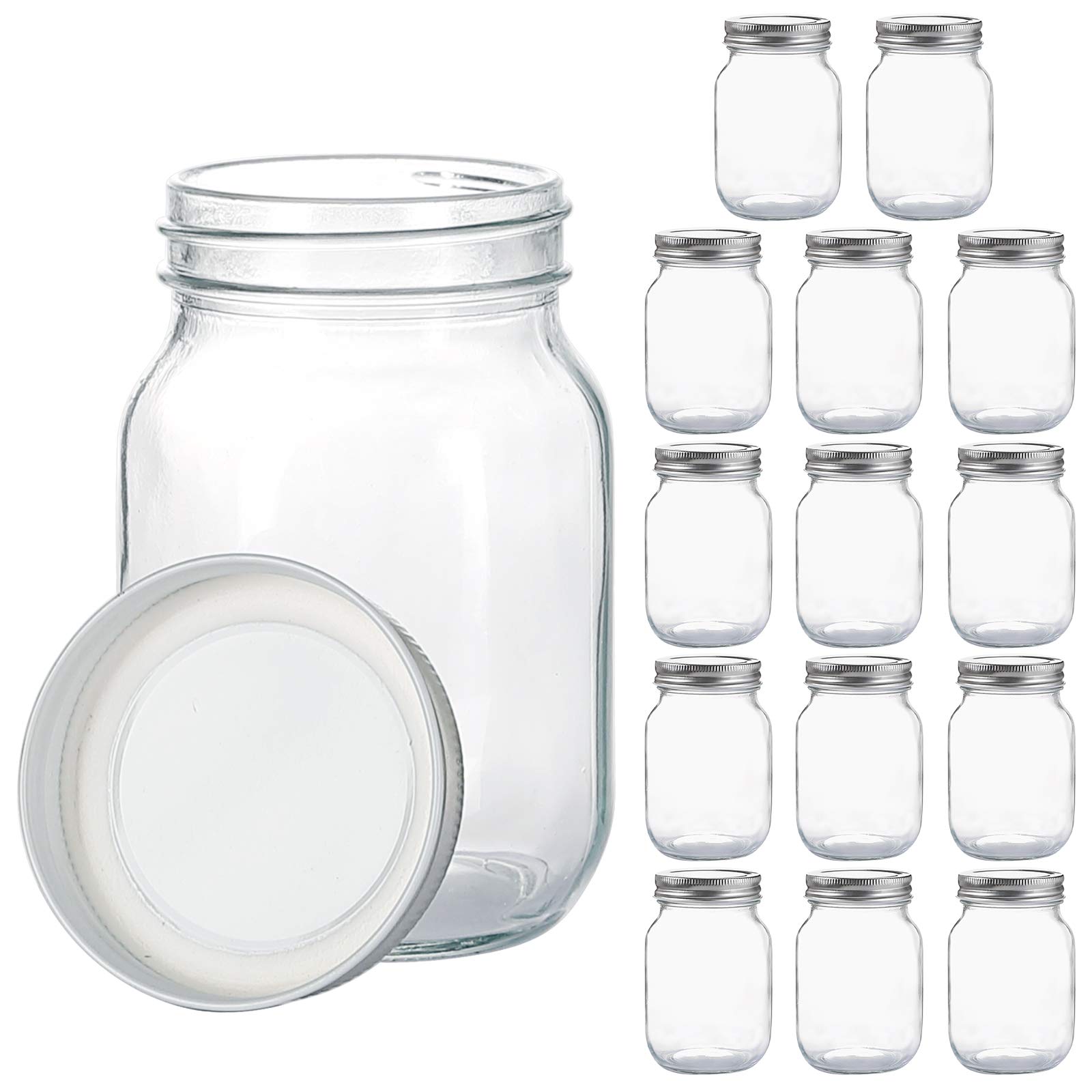 Glass Regular Mouth Mason Jars, 16 oz Clear Glass Jars with Silver Metal Lids for Sealing, Canning Jars for Food Storage, Overnight Oats, Dry Food, Snacks, Candies, DIY Projects (15PACK)