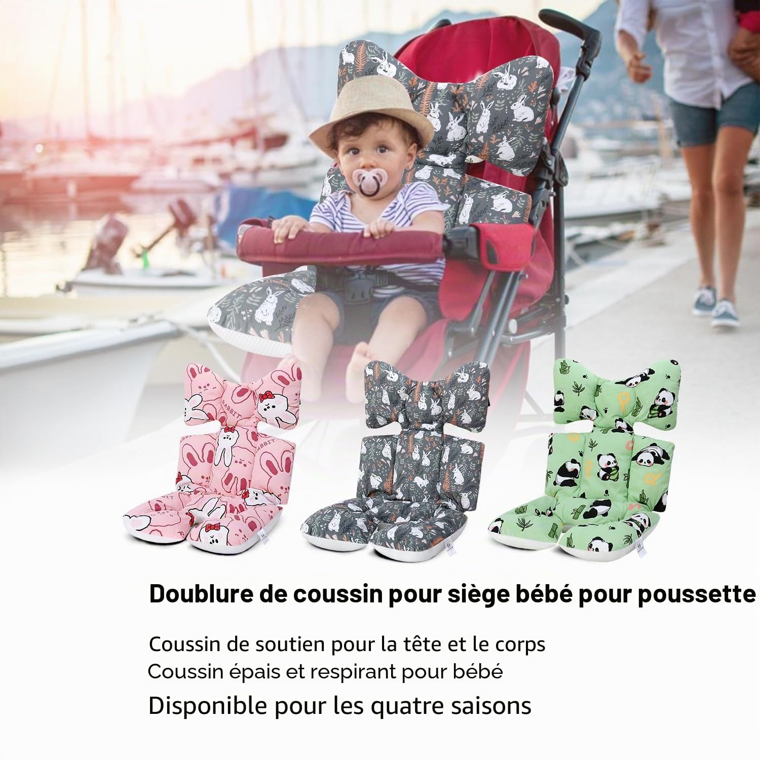 Coussin de Siège Réversible pour Poussette Matelas Universel Soutien Bébé Coussin Réducteur de Landau en Coton pour Enfant Fille Garçon (Lapin Gris)