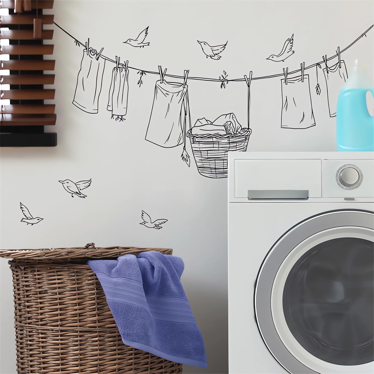 Clothesline Birdie Wall Stickers, sacinora Simplicity Sketch Dry Clothes Wall Decals Removable Vinyl Peel and Stick for Bathroom Balcony Laundry Room Art Home Decorations - Image 5