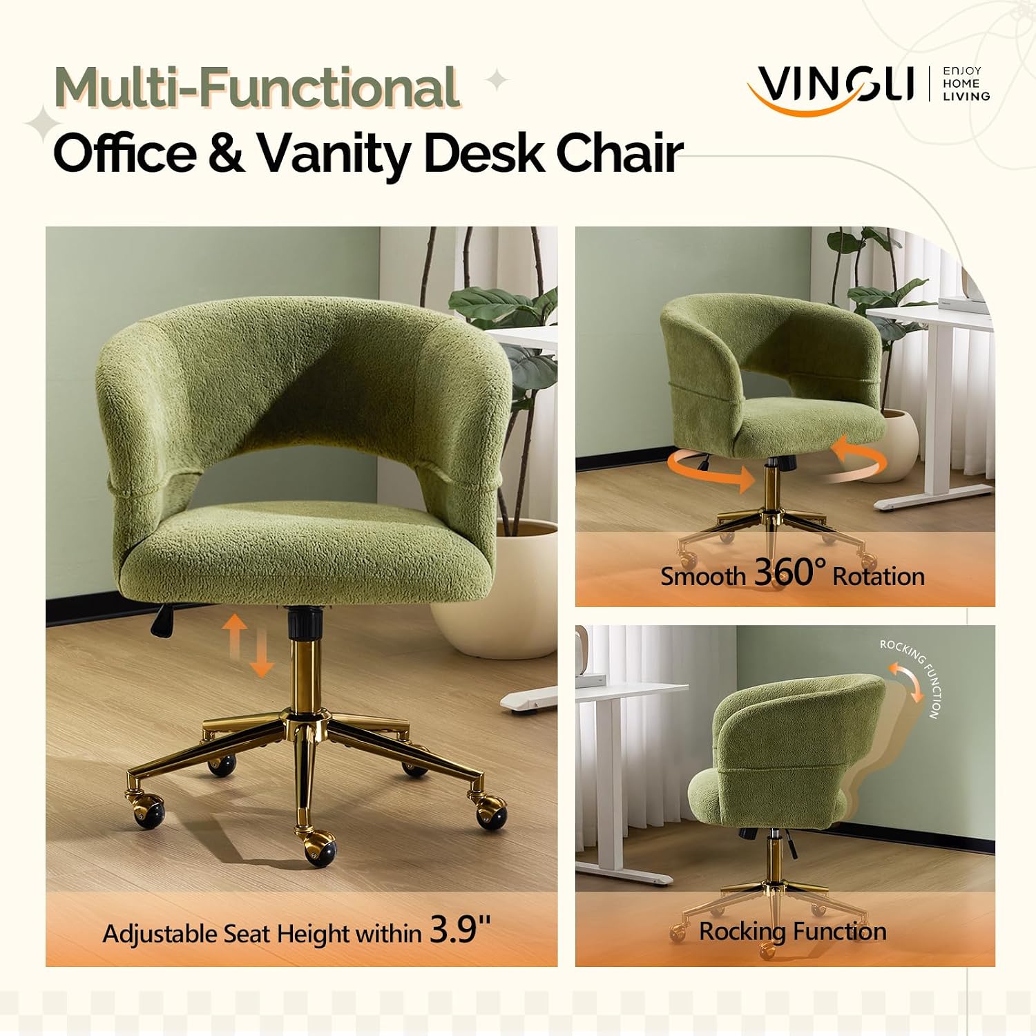 VINGLI Modern Curved Office & Vanity Desk Chair, Cute Upholstered Nail Chair with Wheels & 360° Swivel & Club & Tilting & Gold Base, for Bedroom, Living Room, Makeup, Velvet Chenille, Green