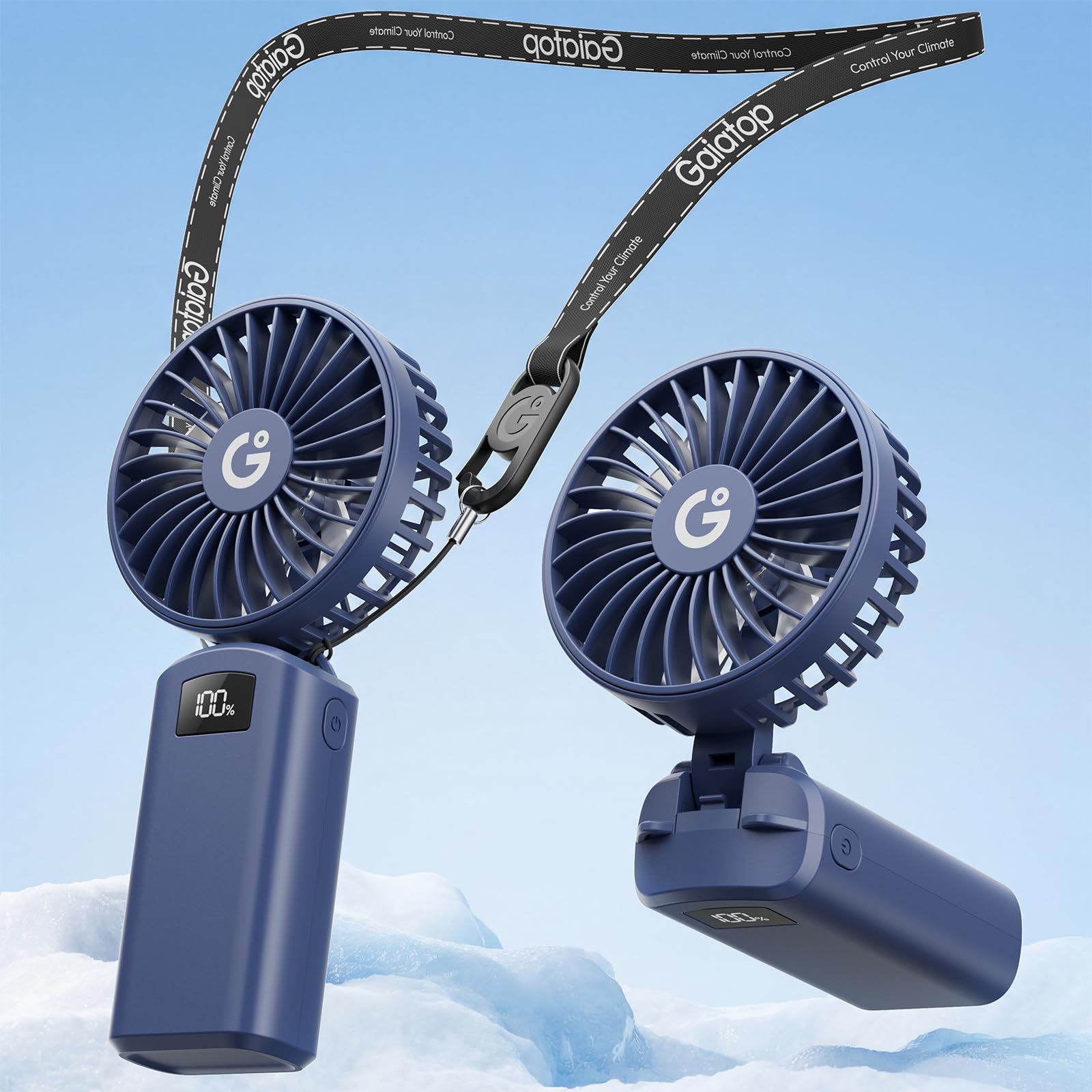 gaiatop 4000mAh Handheld Mini Fan, 7110RPM High Speed Portable Personal Fan, 3 Gears Strong Wind, LED Display, USB Rechargeable Battery Operated, Gift for Women, Makeup, Travel Outdoor, Navy Blue