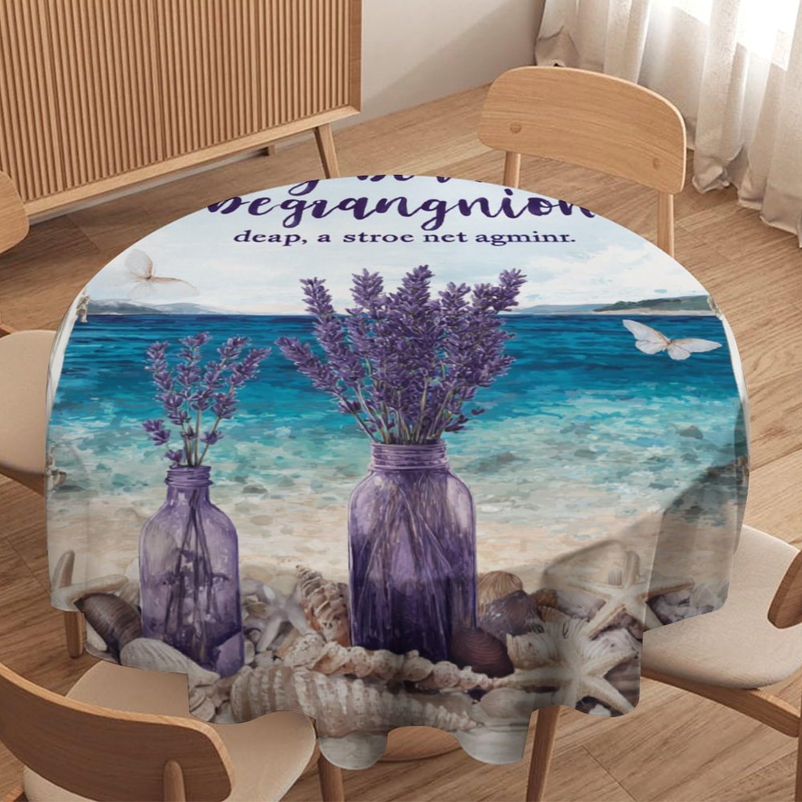 LUYYSKY Beautiful Classic Window Seaside Waterproof Round Tablecloth Modern Watercolor Summer Nautical Landscape Plant Lavender Lilac Washable Table Cover for Kitchen-91.4" Wx91.4 L cm