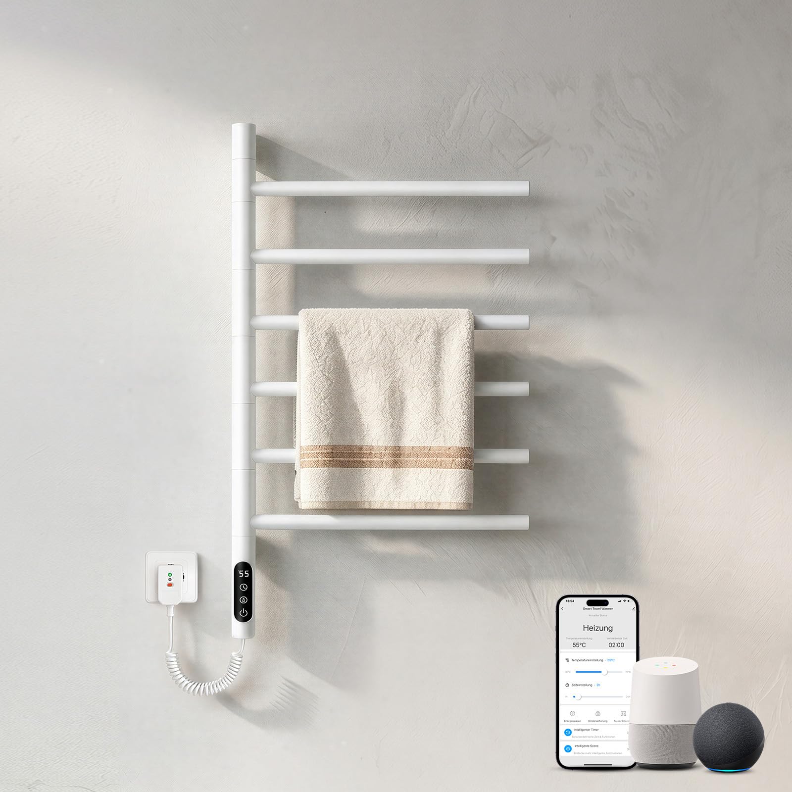 Heilmetz 78x45cm Handtuchheizkörper Elektrisch 135W, 180° drehbar, Weiß | WiFi Smart per App & Sprachsteuerung Carbon-Heizung 30–70°C 1–24h Timer Wochenprogramm