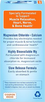 SlowMag Muscle & Heart Magnesium Chloride Supplement with Calcium, 60 Count, Supports Muscle Relaxation, Heart, Nerve & Bone Health, High Absorption
