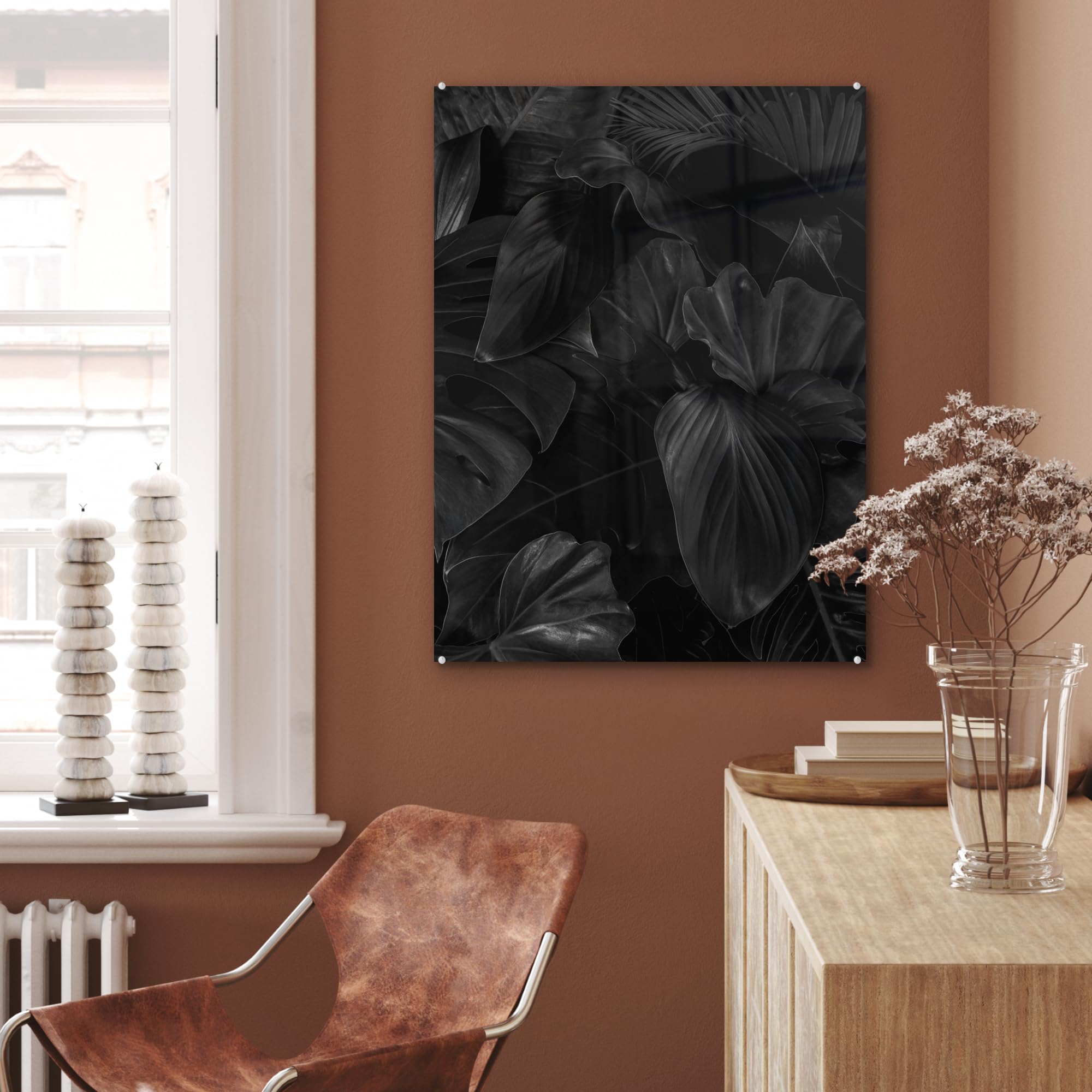 MuchoWow© Quadri Grande Formato 60x80 cm Mini Poster Parete Moderno Interno Stampa Foto Su Vetro Salotto Cornice Murale Arredamento Foglie - Nero - Piante - Scuro