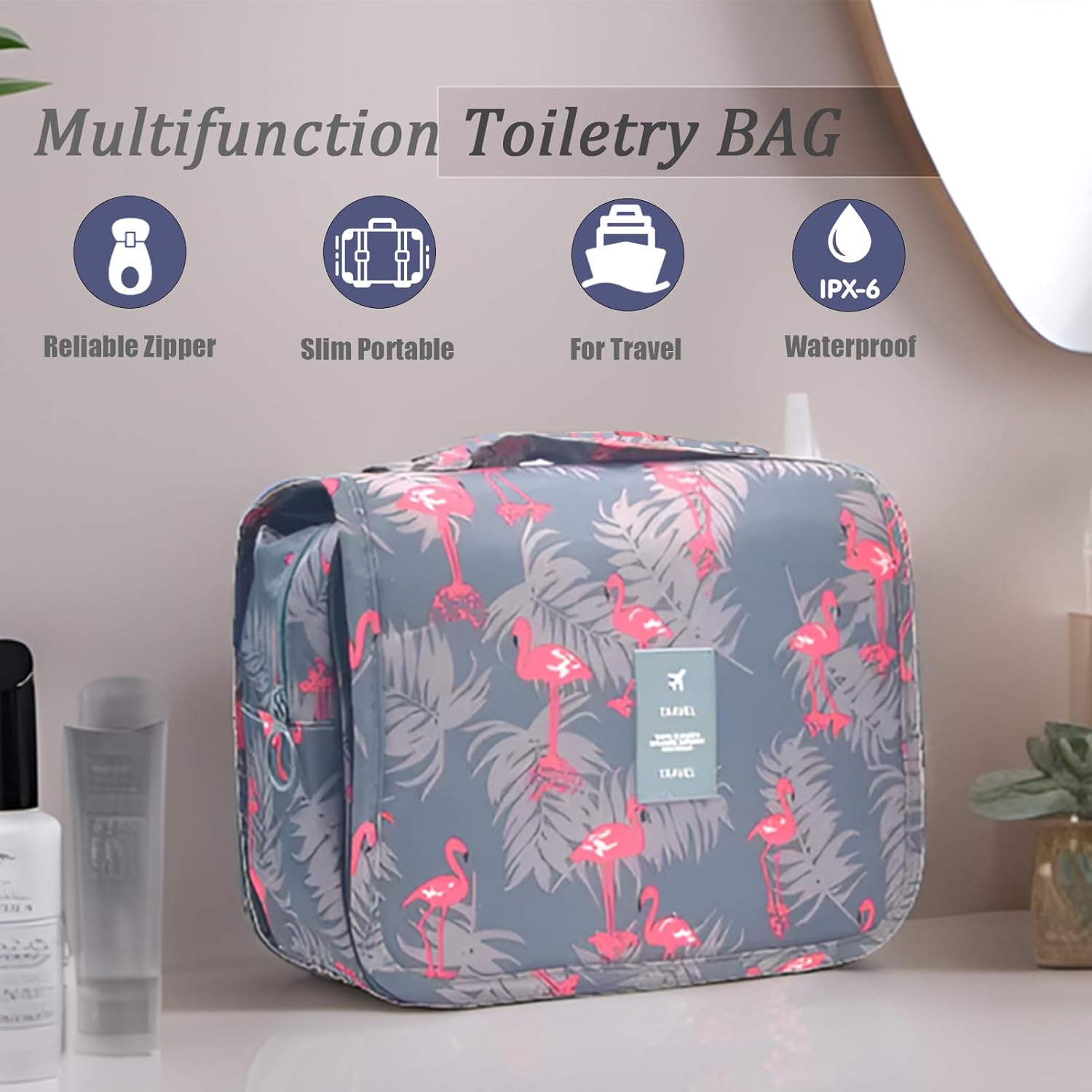 L & FY Hanging Travel Toiletry Bag Women's Cosmetic Organizer Makeup Pouch Men's Shaving Kits With Handle (Pink Flamingo) - Image 5