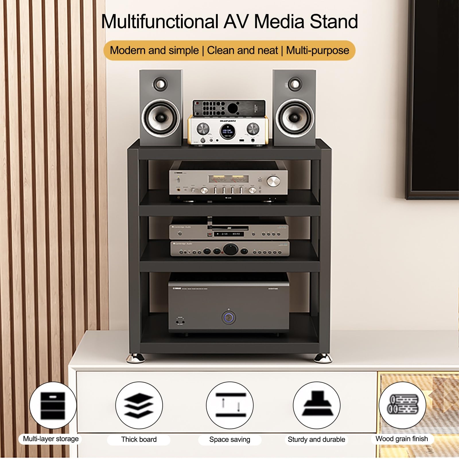 Meuble HiFi Support Acier Rangement Ouvert 35.5cm Noir pour Audio Vidéo DVD Console Jeu Amplificateur