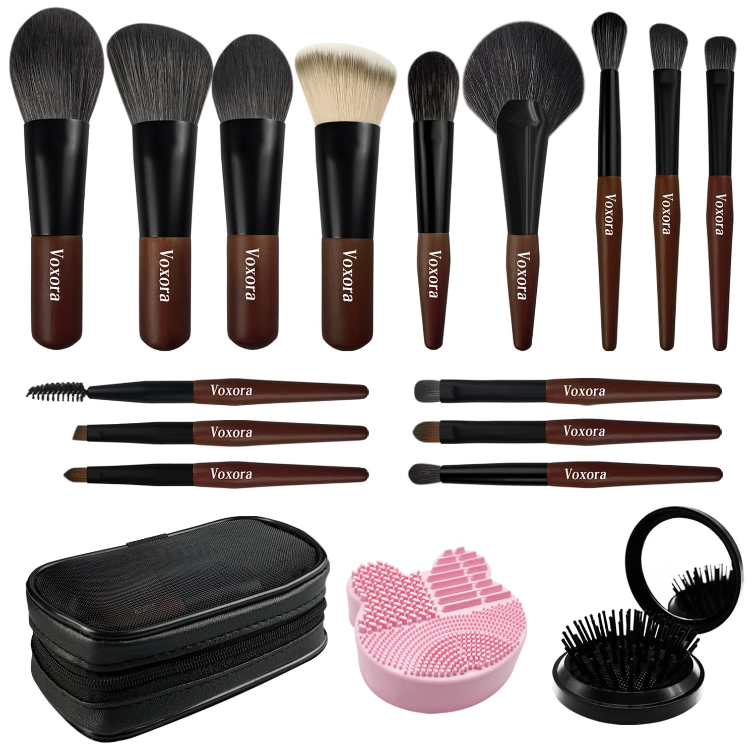 Travel Makeup Brush Set–Mini Makeup Brushes for Foundation, Powder, Eyeshadow, Blush, Contour, Concealer with Case, Silicone Brush Cleaner & Mini Hair Brush with Mirror–Perfect for Travel & Daily Usez