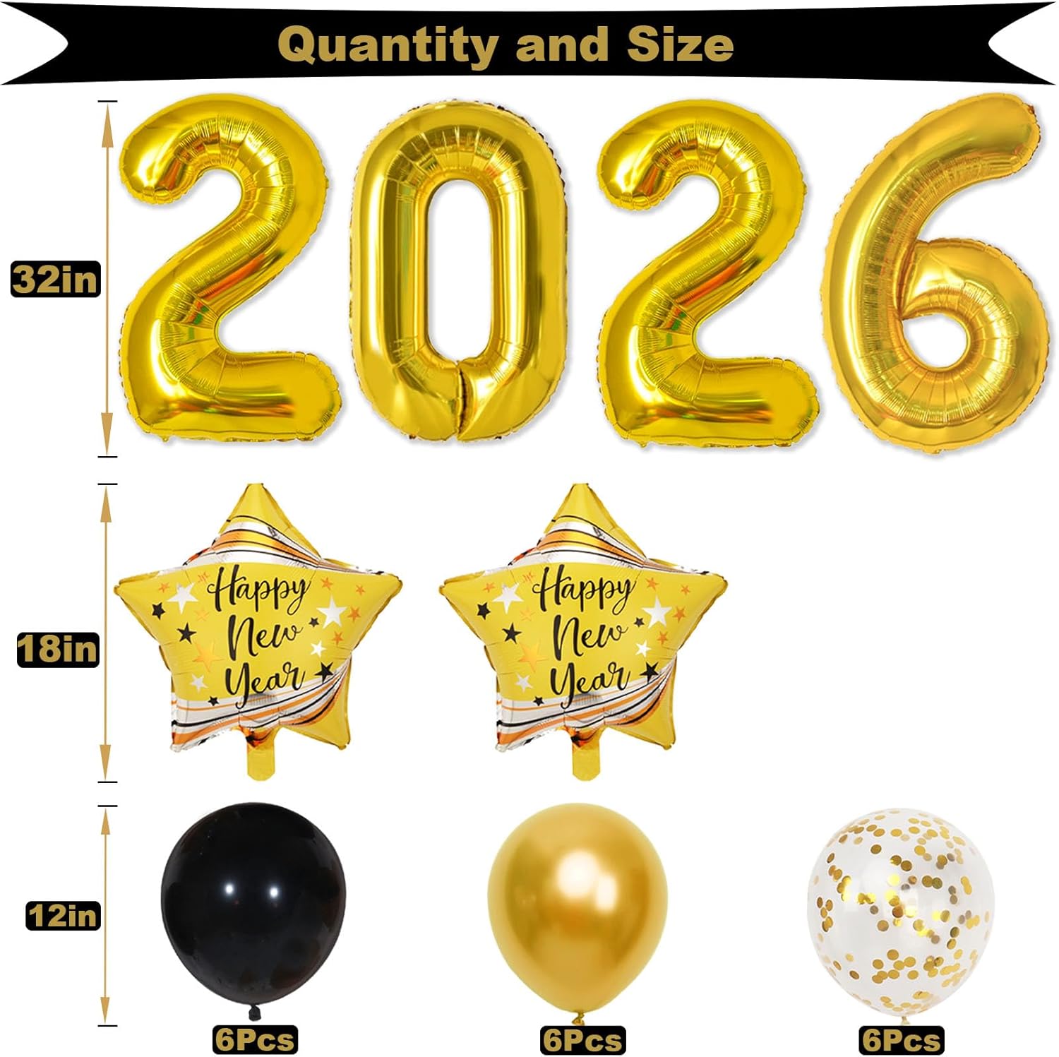 2026 Happy New Years Decorations Set New Years Eve Party Supplies 2026, Gold Numbers 2026 Balloons, New Year Photo Props and Happy New Year Glasses - Image 3