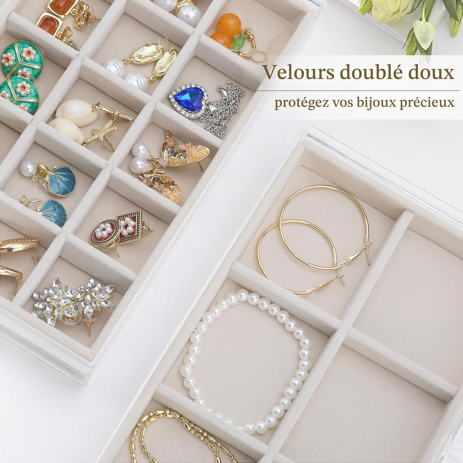 Organisateur de bijoux en acrylique avec plateaux en velours, boîte de rangement transparent pour boucles d'oreilles, bagues, bracelets, colliers (beige, 5 tiroirs)