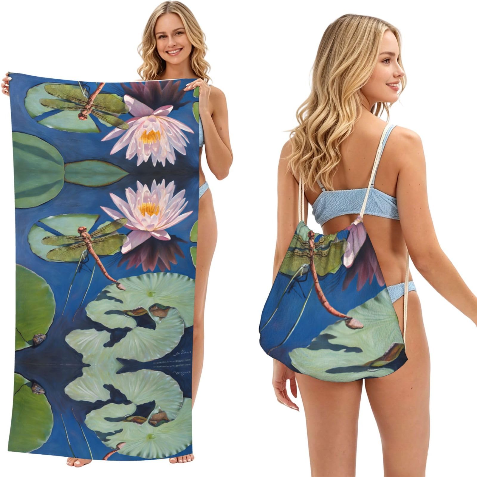 ESNAIUVCD Dragonfly Painting Print Beach Towel For Adults,Towel With Drawstring Bag, Travel Pool Swimming Sports Shower Sand Free Quick Dry Bath Towel For Pool, Beach, Yoga- 180x60cm