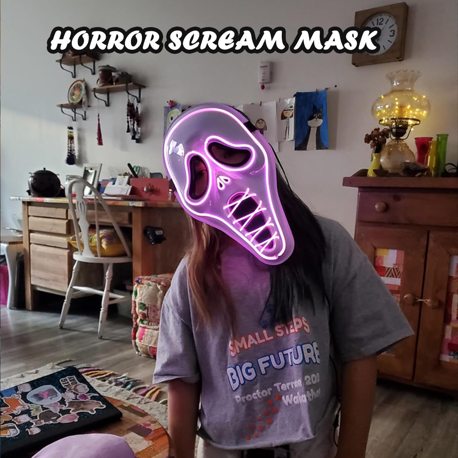 Ghost Face Mask,Halloween Screm Mask LED Scary Skull Mask Horror Full Head Masque Decorations Costume Creepy Cosplay