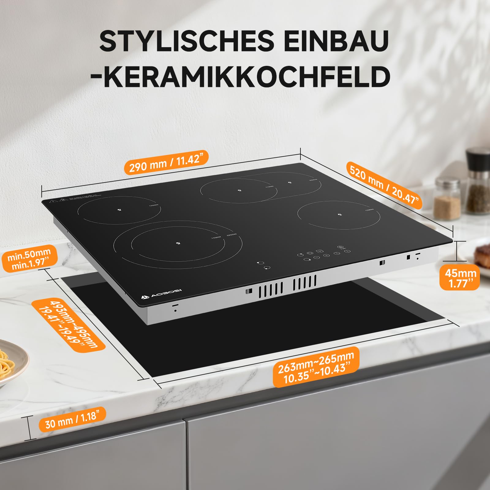 Aobosi Glaskeramikkochfeld 4 Platten 60cm,Herdplatte 4 Kochfelder mit Sensor-touch Control,9 Leistungsstufe,Dual-Zone und Bratzone, Pause-Funktion,6600W,Sicherheitsverriegelung,Timer - 5