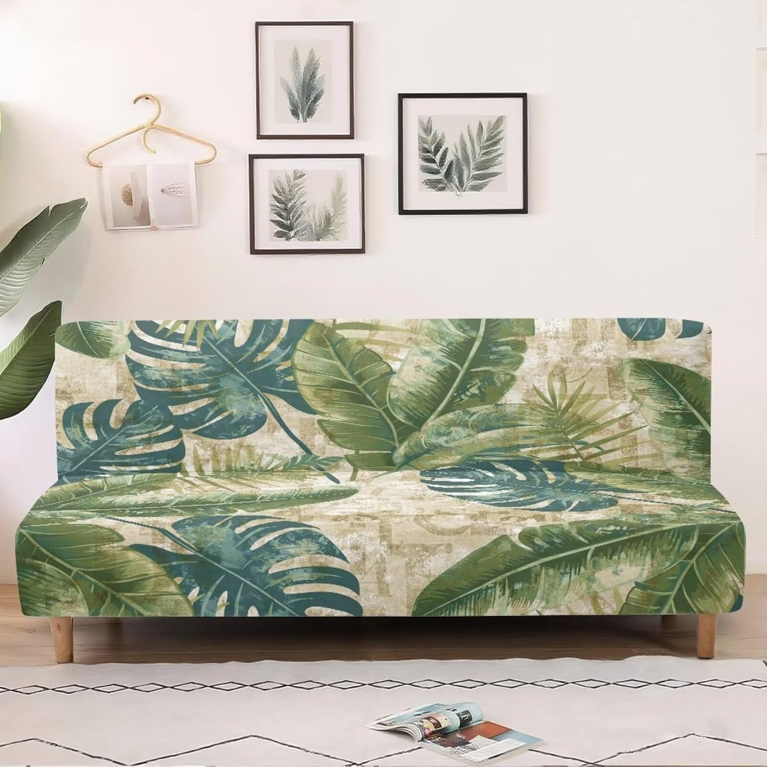 Tropical Leaf Armless Futon Slipcover with Elastic Bands, Anti-Slip Sofa Bed Couch Covers Water Resistant Furniture Protector Home Living Room Decor