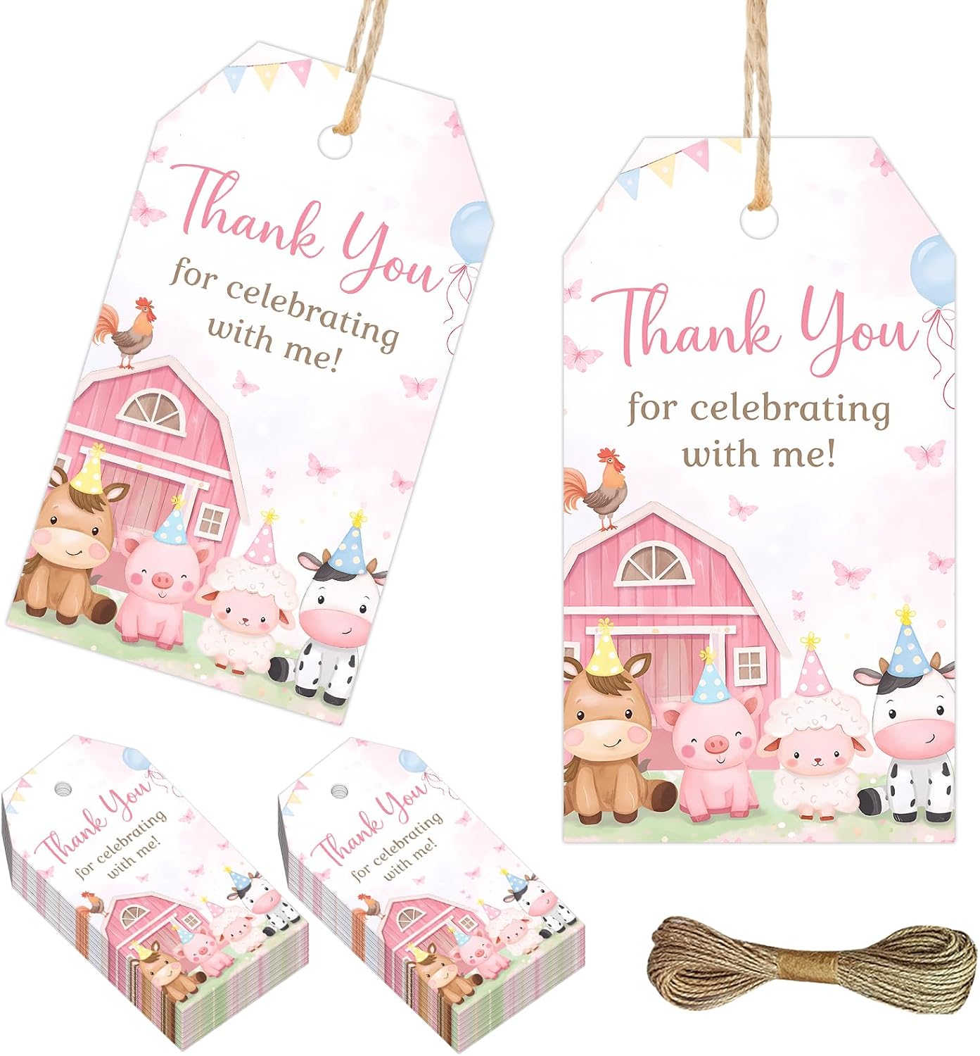 50PCS Farm Thank You Tags Pink Farm Animal Birthday Decorations for Girls, Thank You for Celebrating with Us Tag Pink Barnyard Gift Tags for Girls Farm Baby Shower Birthday Party Favors Supplies