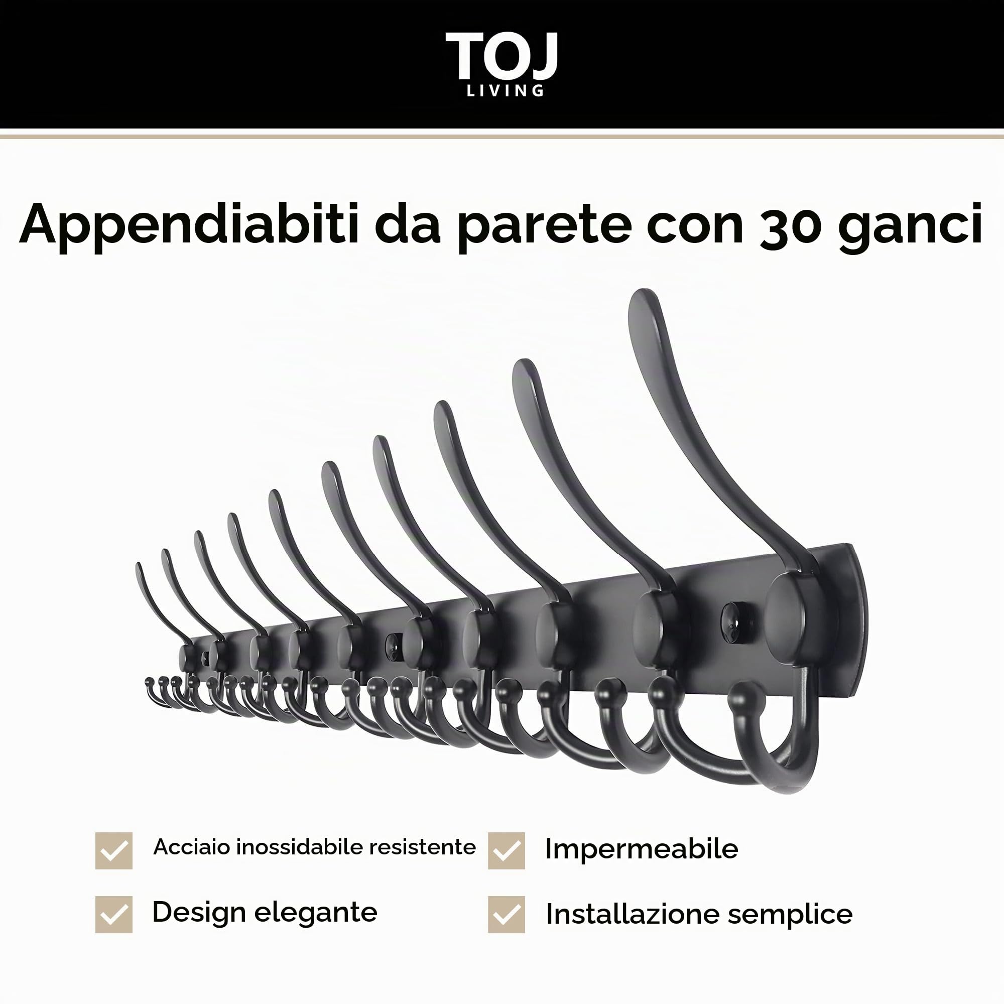 TOJ Appendiabiti da parete con 30 ganci - Appendiabiti da parete - Cornice appendiabiti in acciaio inox - 95 cm - Nero opaco