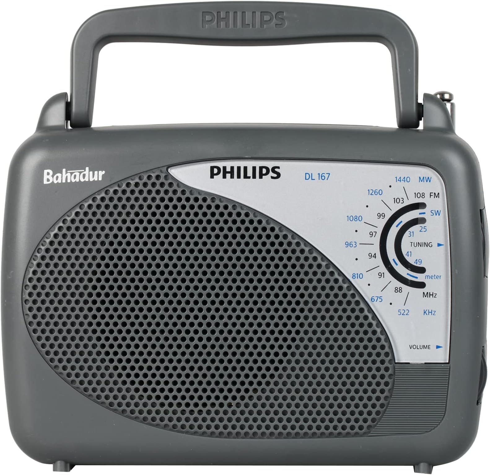 Philips DL167/94 Portable/Hand Carry Radio with MW/SW/FM Bands, Telescopic Aerial, 2xR20 Battery & Optional 3V DC Power, 4? Speaker Impedance, Tuning & Band Selection, Portable Radio Receiver