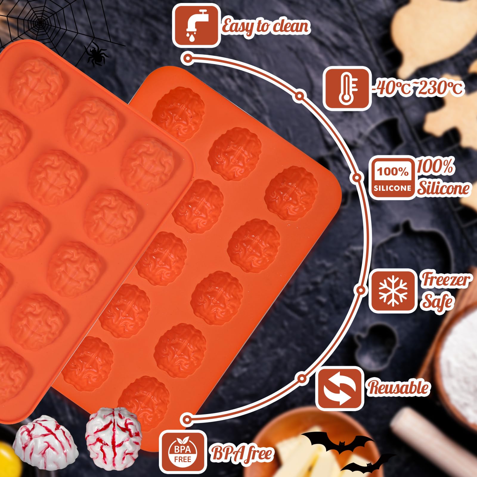 Eabdice 2 Pièces Moules En Silicone 3D En Forme De Cœur Et De Cerveau, Moule Forme Du Cerveau Silicone, Humains Cerveau Forme Moule Pour Crème Glacée, Chocolat, Pudding, Savon