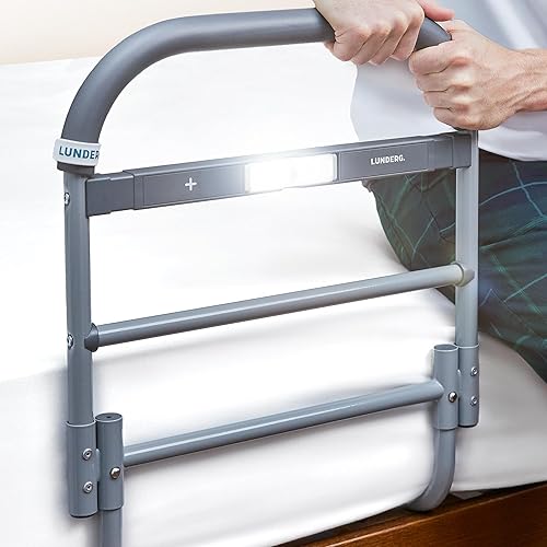 Lunderg Riel de asistencia de cama grande para personas mayores con luz activada por movimiento y barra antideslizante, rieles de cama fáciles