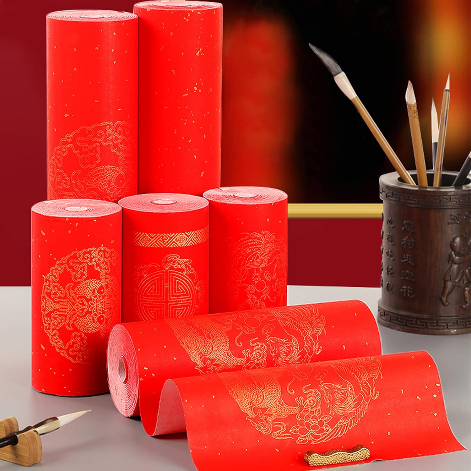 MEGREZ Chinese Spring Festival Scrolls Red Xuan Paper, Blank Thicken Chinese Couplets Chunlian Paper for New Year Party Decor, 23cm x 50m(9.1" x 1969"), Dragon and Phoenix