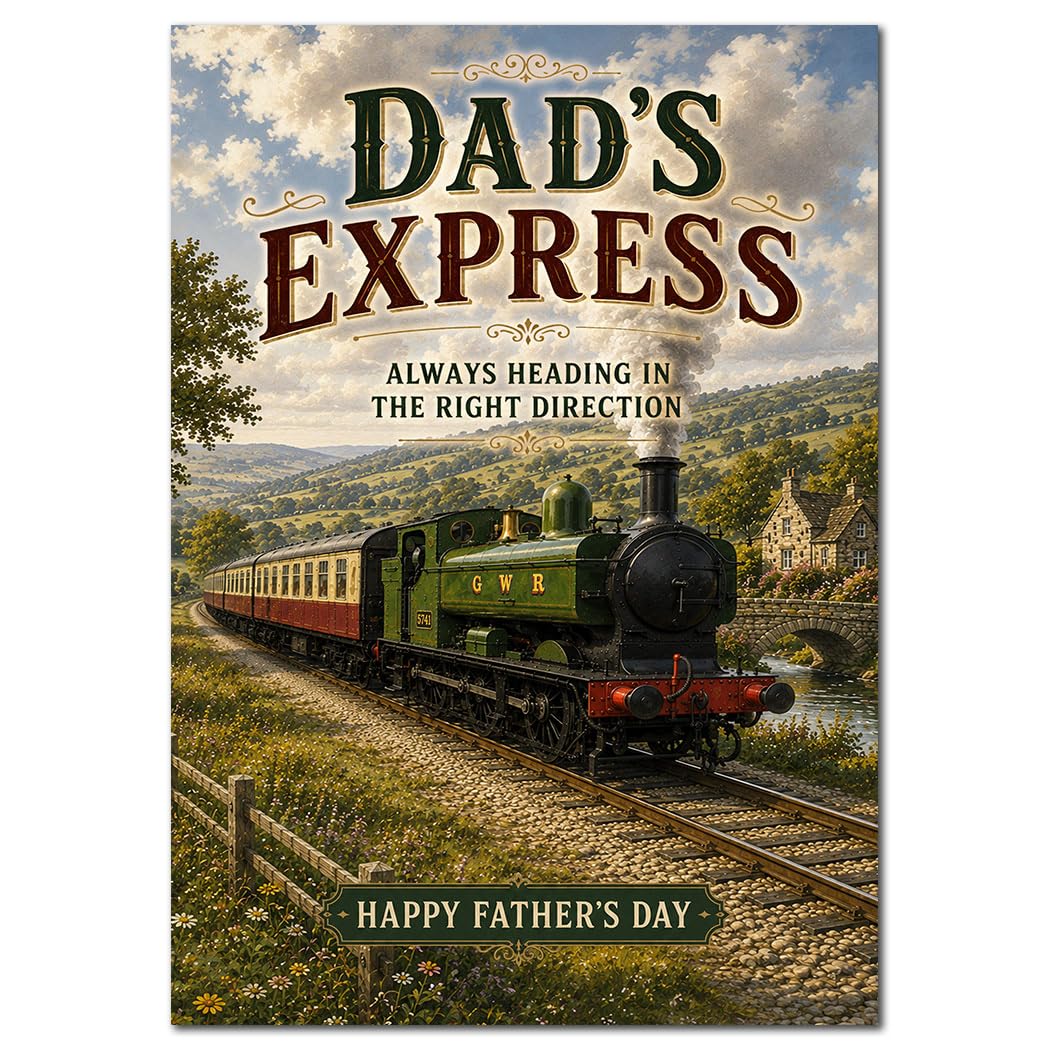 Extra Large A4 Fathers Day Card for Dad – Vintage Steam Train Countryside Design – Thick Premium Card with Printed Insert and Message Inside – Classic Railway Greeting Card