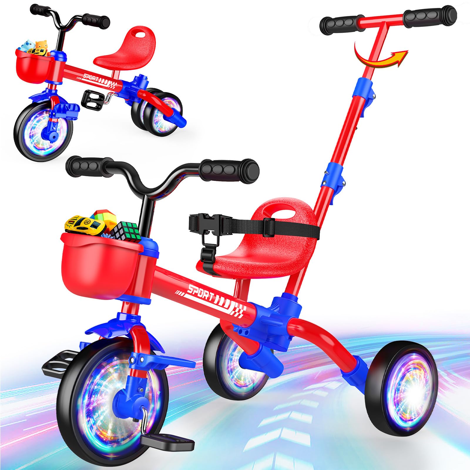 Kkdi 5 in 1 Toddler Bike for 1-5 Year Old, Tricycle with Push Handle, Convertible Baby Balance Bike, Bicycle, Color Light Wheel & Detachable Pedal, 4-
