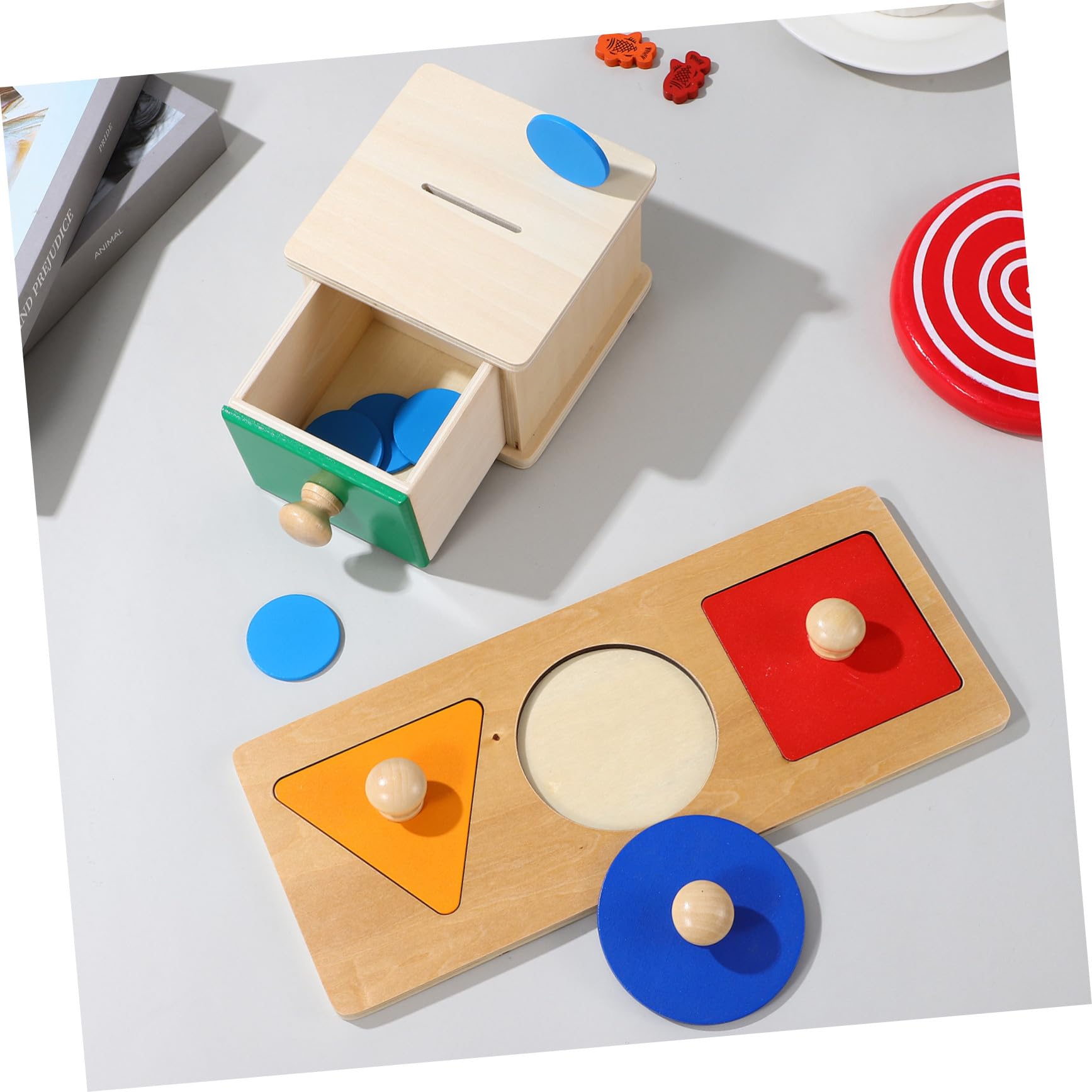 Gatuida 2juego Panel de Caja de Monedas Cuadrado de Rompecabezas Geométricos con Caja de Madera Juguetes Educativos de Bloques de Madera para Bebés y Primera Infancia