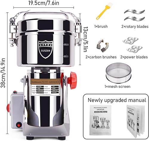 Miniatura 12 de Goldtouch Molinillo de grano de 5.29 oz, molinillo eléctrico de grano de acero inoxidable de 1500 W, máquina pulverizadora de polvo de alta