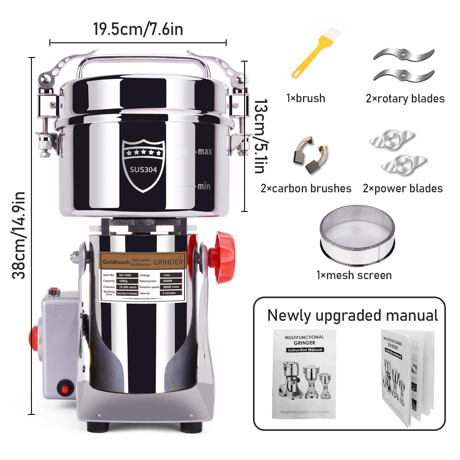 Goldtouch GetreidemüHle Elektrische 1000g 3000W Electric Grain Mill 30000U/min 304 Edelstahl Kommerzieller Motor mit Überlastschutz,70-300 Mesh Mehlmühle,Kornmühle für Reis,Sonnenblumenkerne,Zimt,Mais