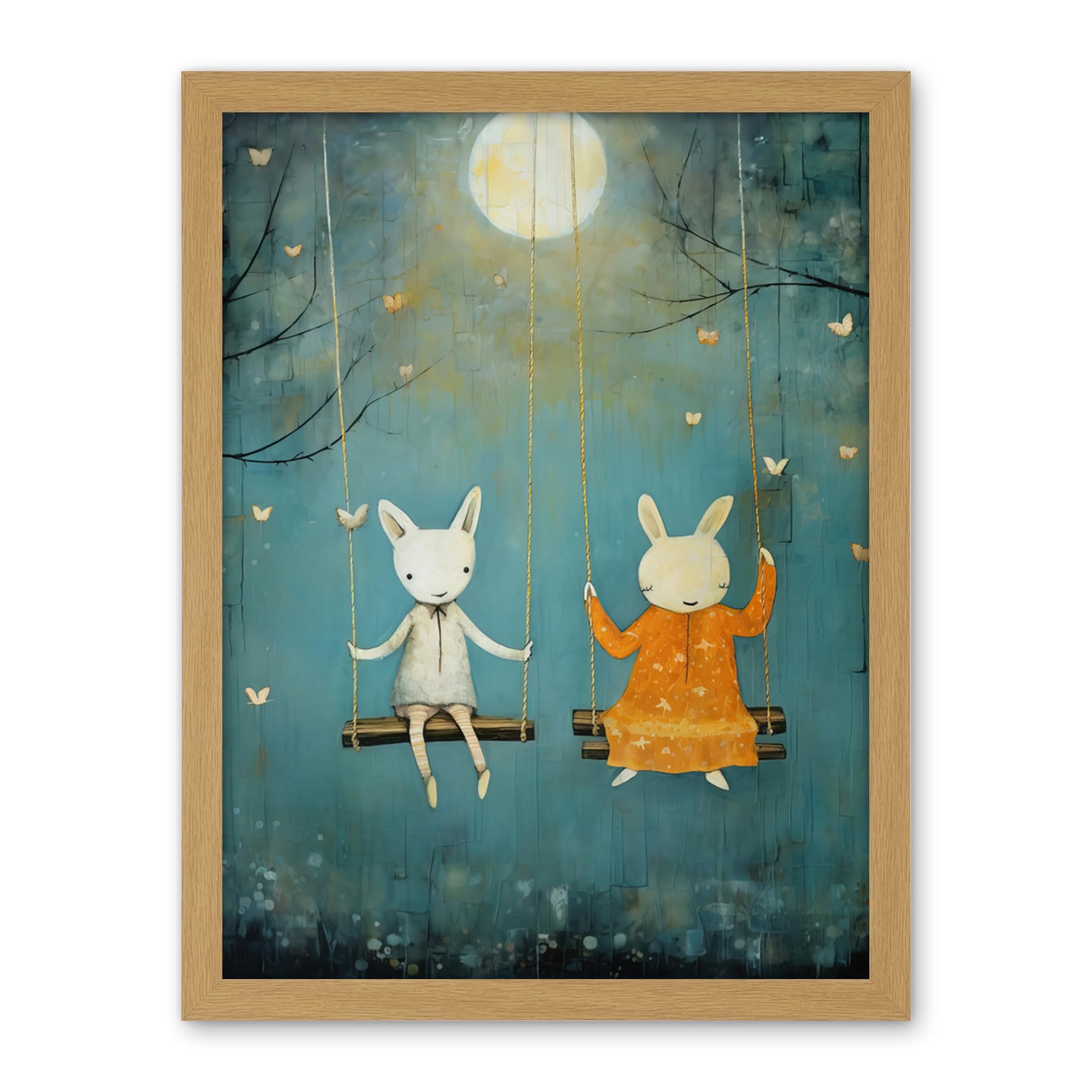 Artery8 Rabbits on a Swing with Moonlit Butterflies Calming Baby Nursery Artwork Framed Wall Art Print 18X24 Inch
