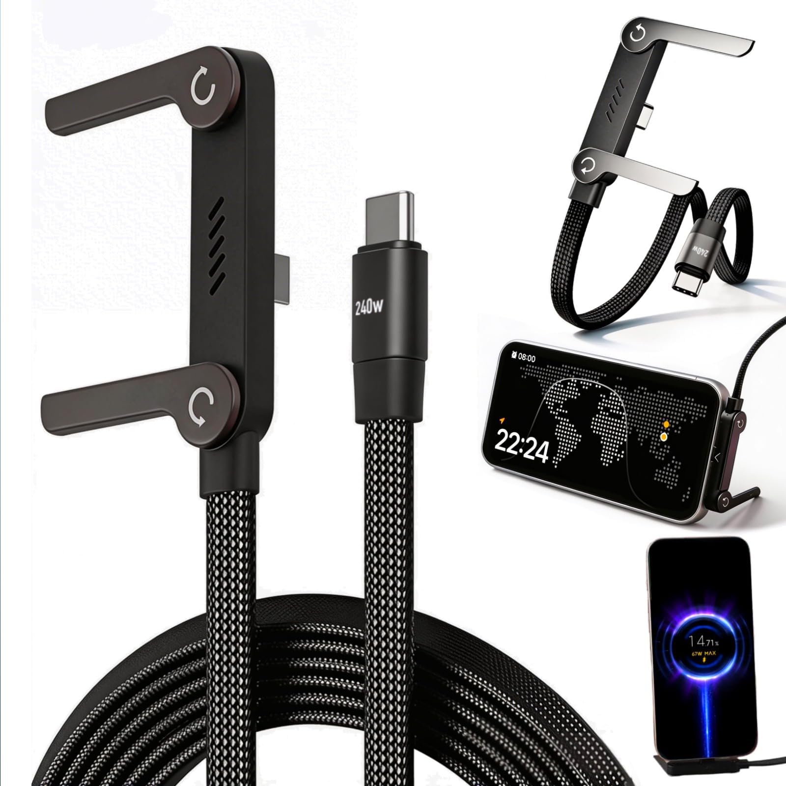 240W Braided Foldable Phone Stand Cord, Invisible Holder Charger Cable with Stand,T-Shaped Foldable Durable Type-C to Type-C for Smartphones & Tablets, 4.9FT