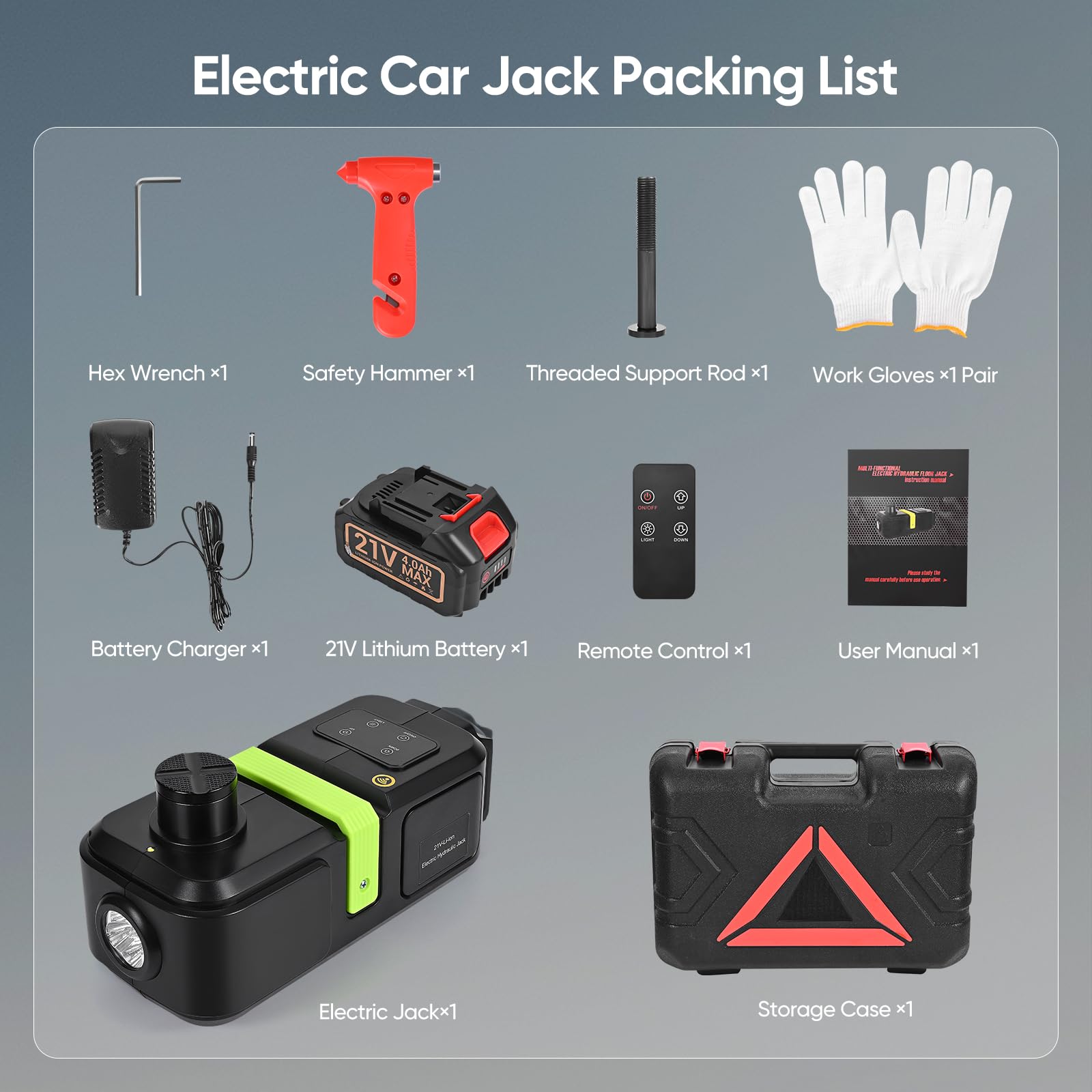 Gato hidráulico eléctrico 5T, Gato eléctrico con batería de 4.0Ah, Rango de elevación 15-53cm, Cargador con Bomba Inflable y luz LED para Coche, SUV, limusina, MPV