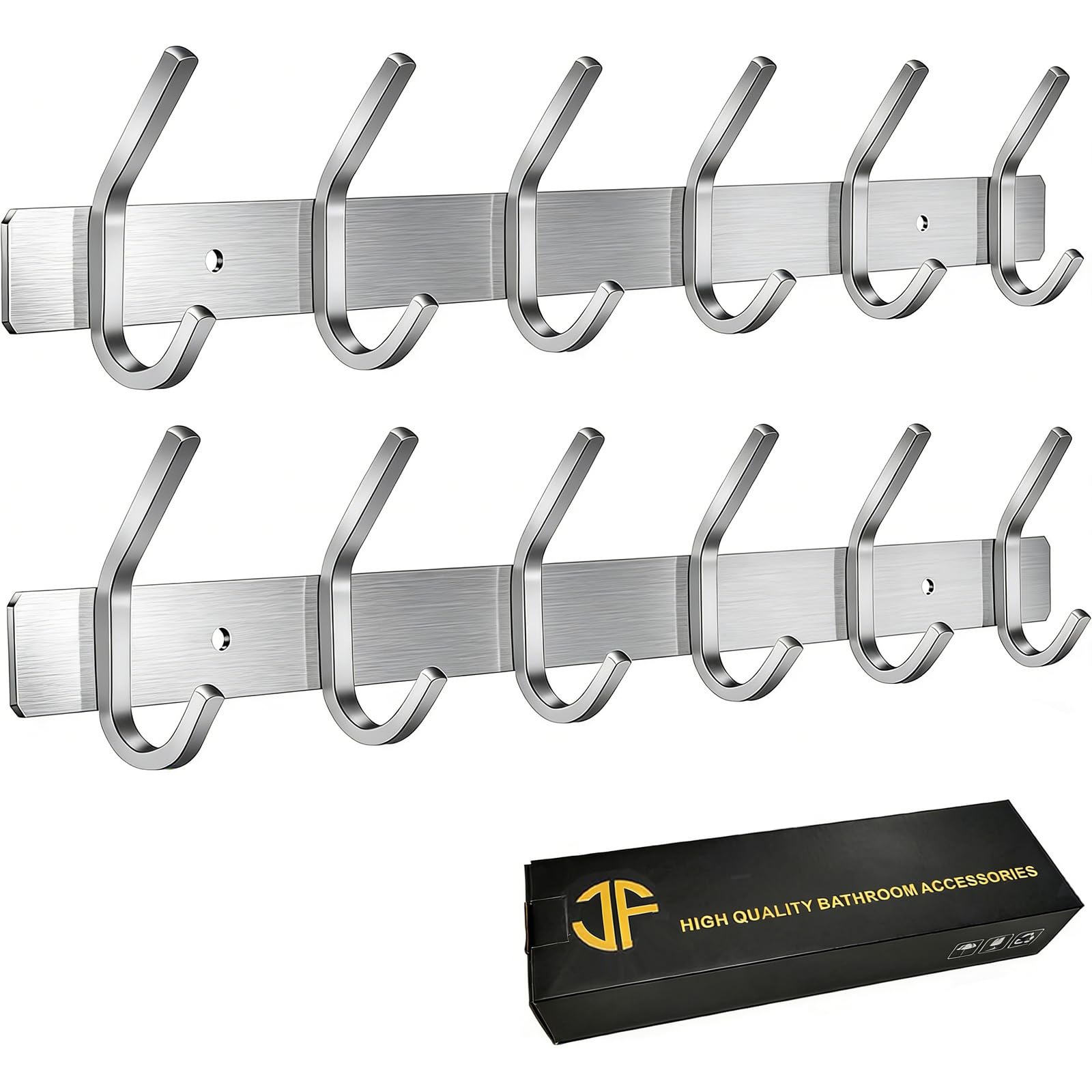 JOLY FANG Coat Hooks Wall Mounted - 2 Packs Wall Coat Rack Stainless Steel with 6 Hooks, Modern Wall Coat Hanger for Bedroom, Kitchen & Entryway, Silver