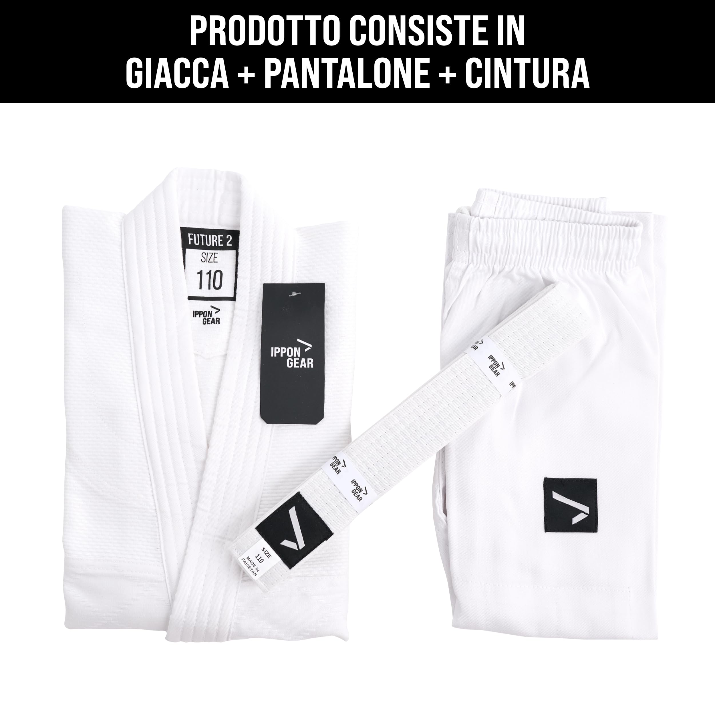 IPPONGEAR Future 2 Tuta da Judo per Principianti e Bambini con Cintura (Elastico in Vita e Coulisse sui Pantaloni, densità del Tessuto 335gr/m²) Bianco