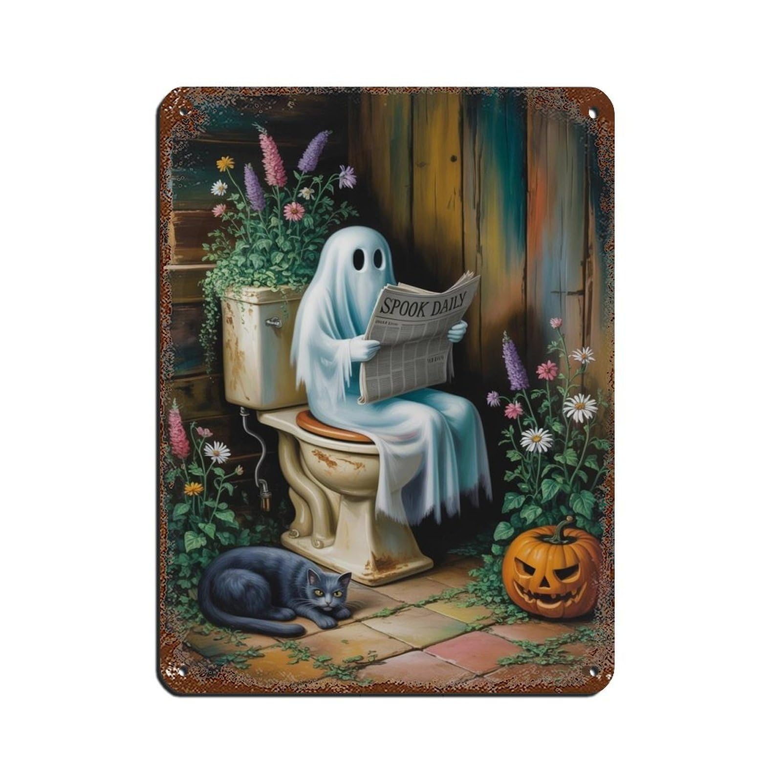Ghost Reading A Newspaper on Toilet Poster (2) Retro Poster Metal Tin Sign Chic Art Retro Iron Painting Bar People Cave Cafe Family Garage Poster Wall Decoration 12x16inch(30x40cm)