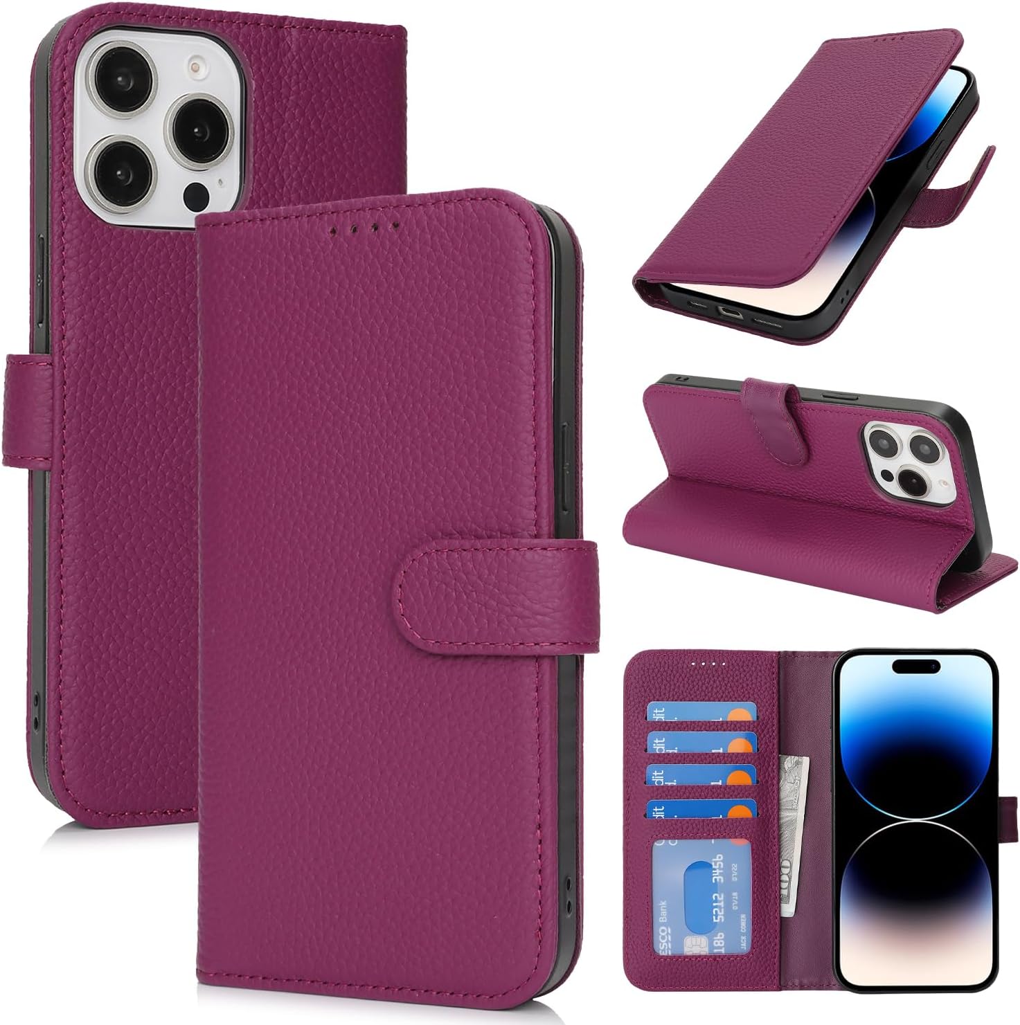 Zouzt Case for iPhone 14 Pro 6.1" Genuine Leather Wallet Case with 4 Card Slot, RFID Blocking Card Holder Magnetic Flip Folio Kickstand Shockproof Phone Cover Women Men - Rose Purple