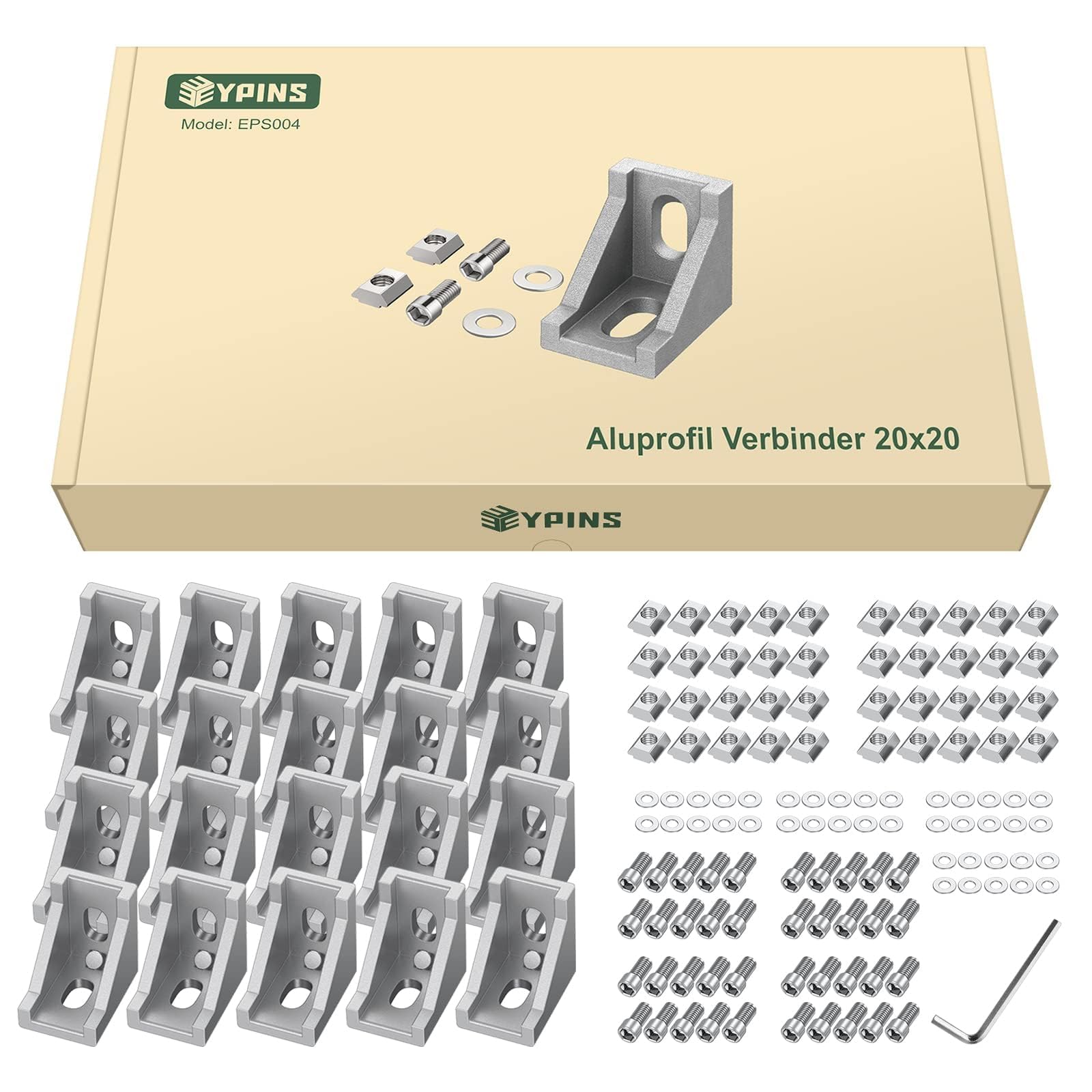 EYPINS Soporte de Esquina Aluminio, 20 PCS Conector de Esquina 90 Grados Recto 2020, Perfil de Extrusión Forma de L con Ranuras de 6mm, con Tornillos Hexagonales M5 y Tuercas en T