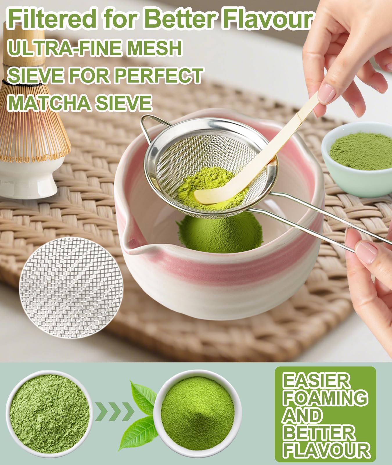 JBER Matcha Kit 7 Piezas - Kit Té Matcha Completo con Tazón de Matcha con Pico, Batidor de Bambú (Chasen) y Accesorios Completos, Perfecto para Ceremonias Japonesas y Lattes Caseros, Gradiente Rosa