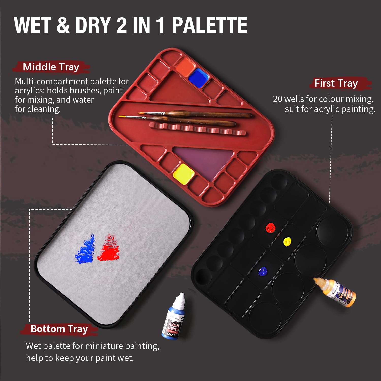 Pallet bagnati per dipingere miniature, tavolozza Stay Wet per kit di pittura acrilica con 11 pennelli in miniatura, 100 fogli di carta per pallet, 4 spugne, 1 portaspazzole, 1 vassoio in spugna