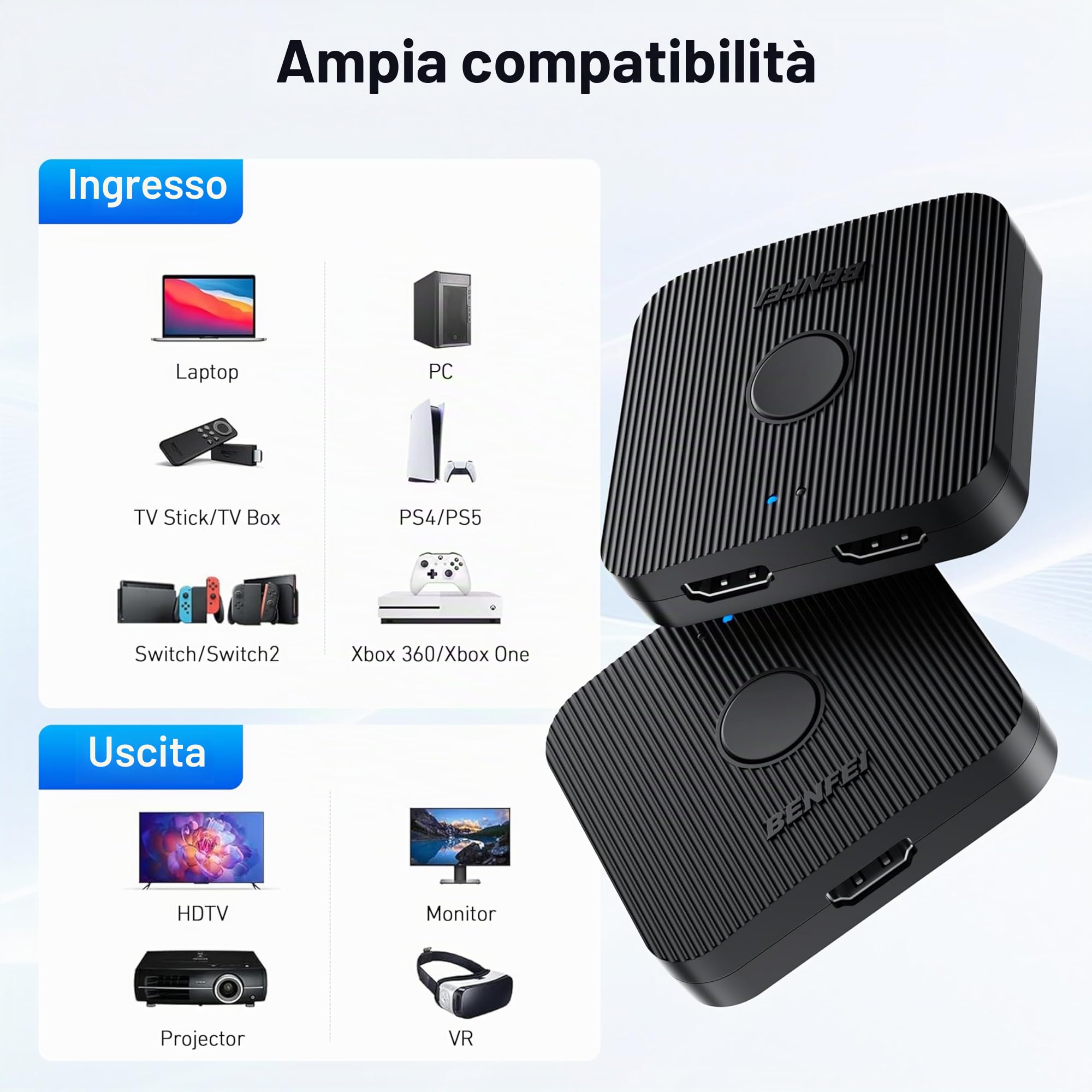 BENFEI Commutatore HDMI 4K, 2 Ingressi 1 Uscita, Supporta 4K 3D HD 1080P per Firestick Xbox PS4 Roku HDTV