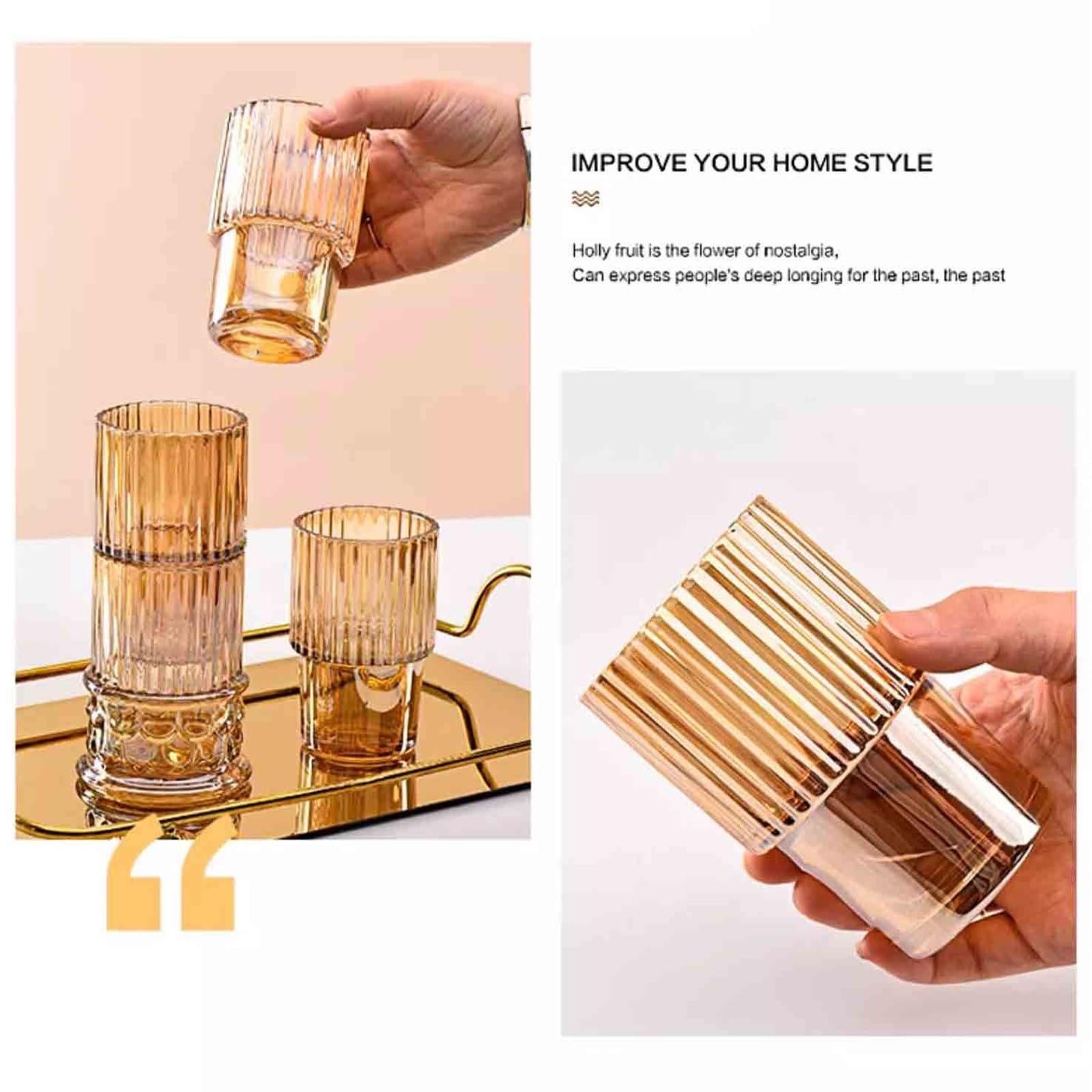Bicchiere Set di 4 bicchieri color ambra, in vetro goffrato impilabili a forma colonna romana Per uso domestico