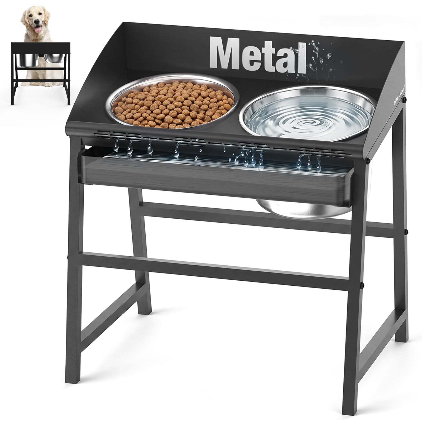 Cuencos elevados para perros grandes, juego de cuencos elevados de 15 pulgadas de alto para alimentos y agua con soporte, diseño de metal completo a prueba de derrames y cuencos de acero inoxidable