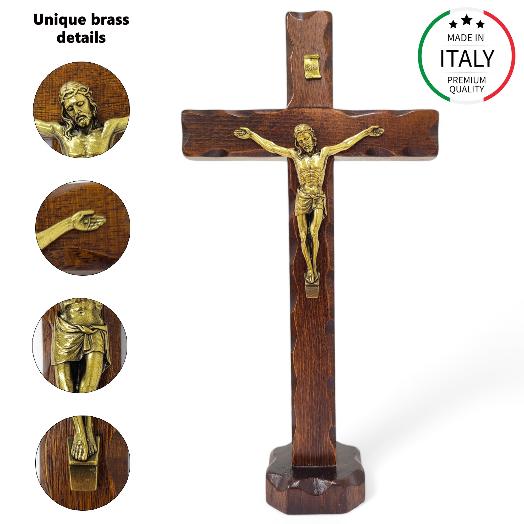 La Balestra Crocifisso da Tavola - Artigianale Made in Italy Cristo e INRI Ottonati - Crocifissi da Tavola in Legno, Cura e Precisione dei dettagli di Gesù Crocifisso -34,5X18 cm