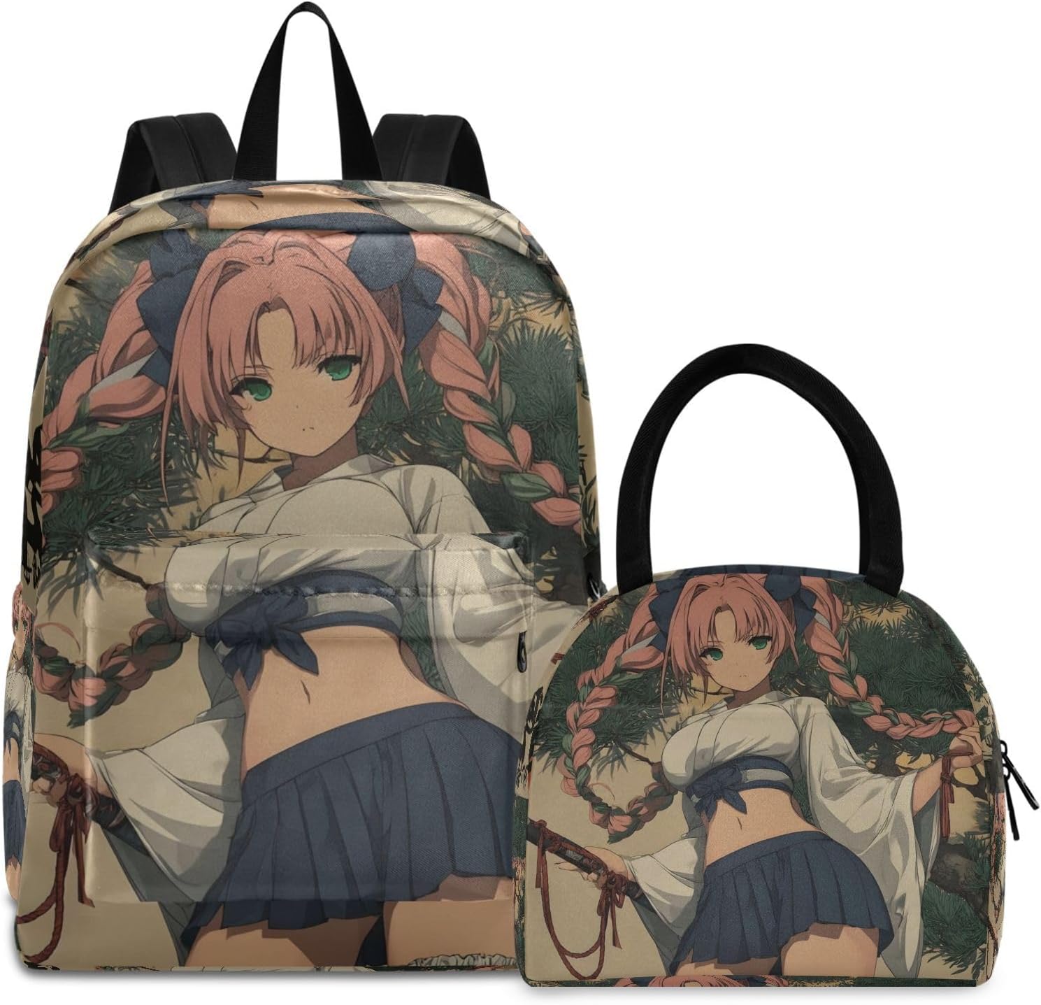 Anime Woman Sword Backpack with Insulated Lunch Bag – Fits 15.6" laptop, Lightweight Backpack for Work Travel Picnic