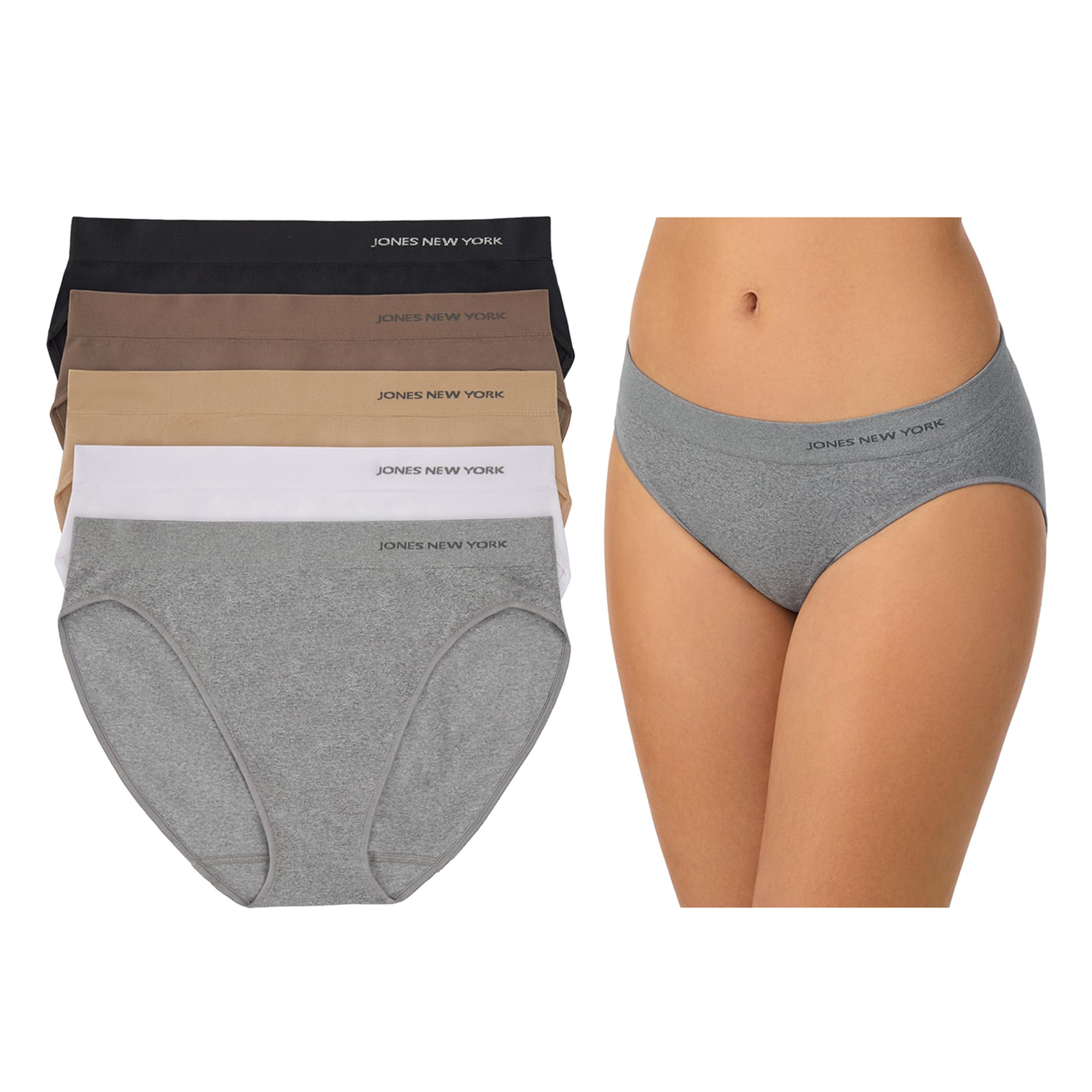 Jones New York Underwear for Women Modern Bikini Brief Full Coverage Seamless Stretch Comfort Panties - 5 Pack Multipack