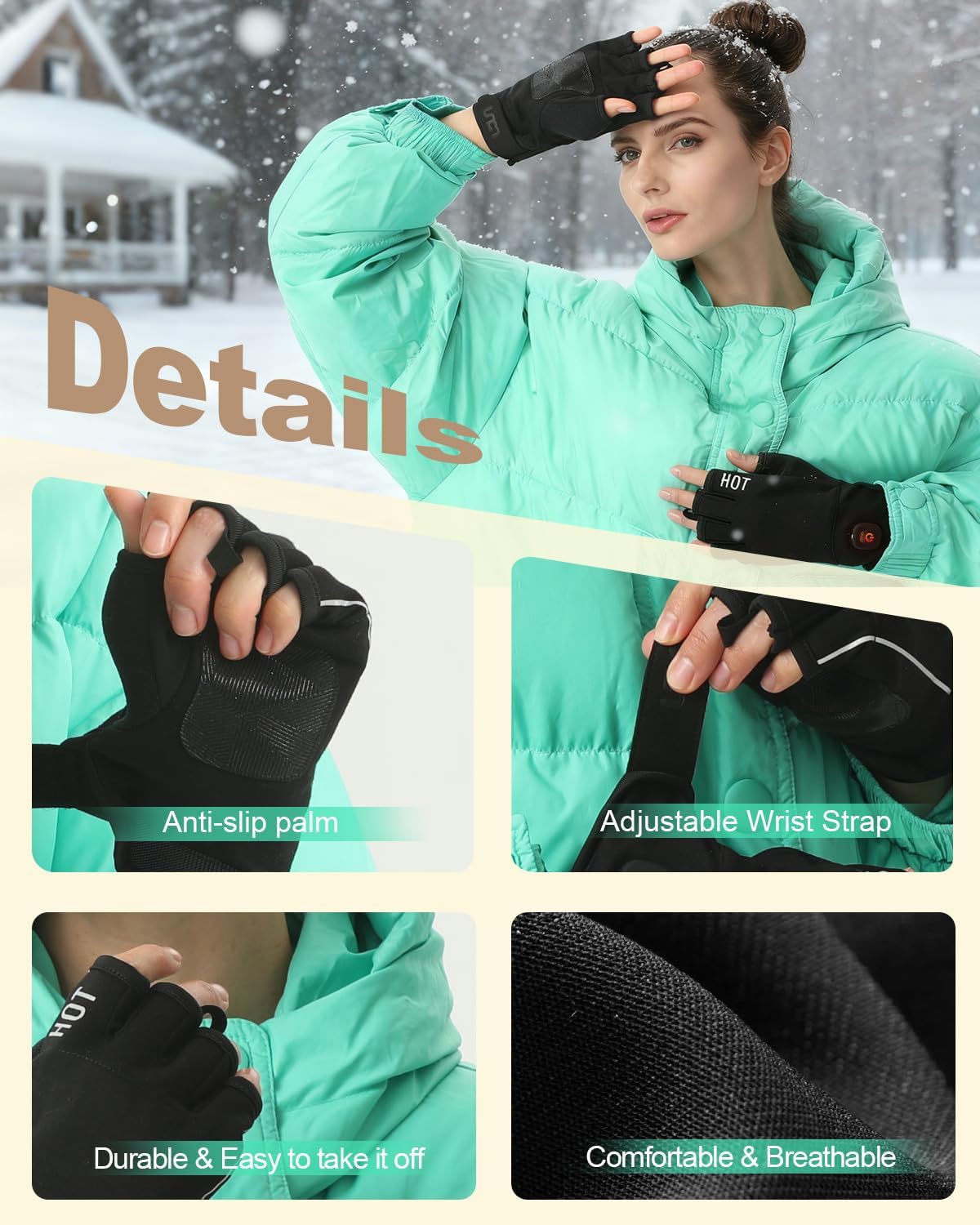 uncn Heated Gloves Fingerless for Women Man with 3.7V 3000mAh Battery Cordless Work Touchscreen Gloves for Winter Cold Weather Rechargeable Electric